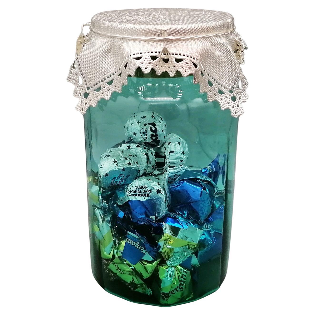 Green glass chocolate or sweets jar with 925 sterling silver lid For Sale
