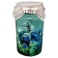 Green glass chocolate or sweets jar with 925 sterling silver lid