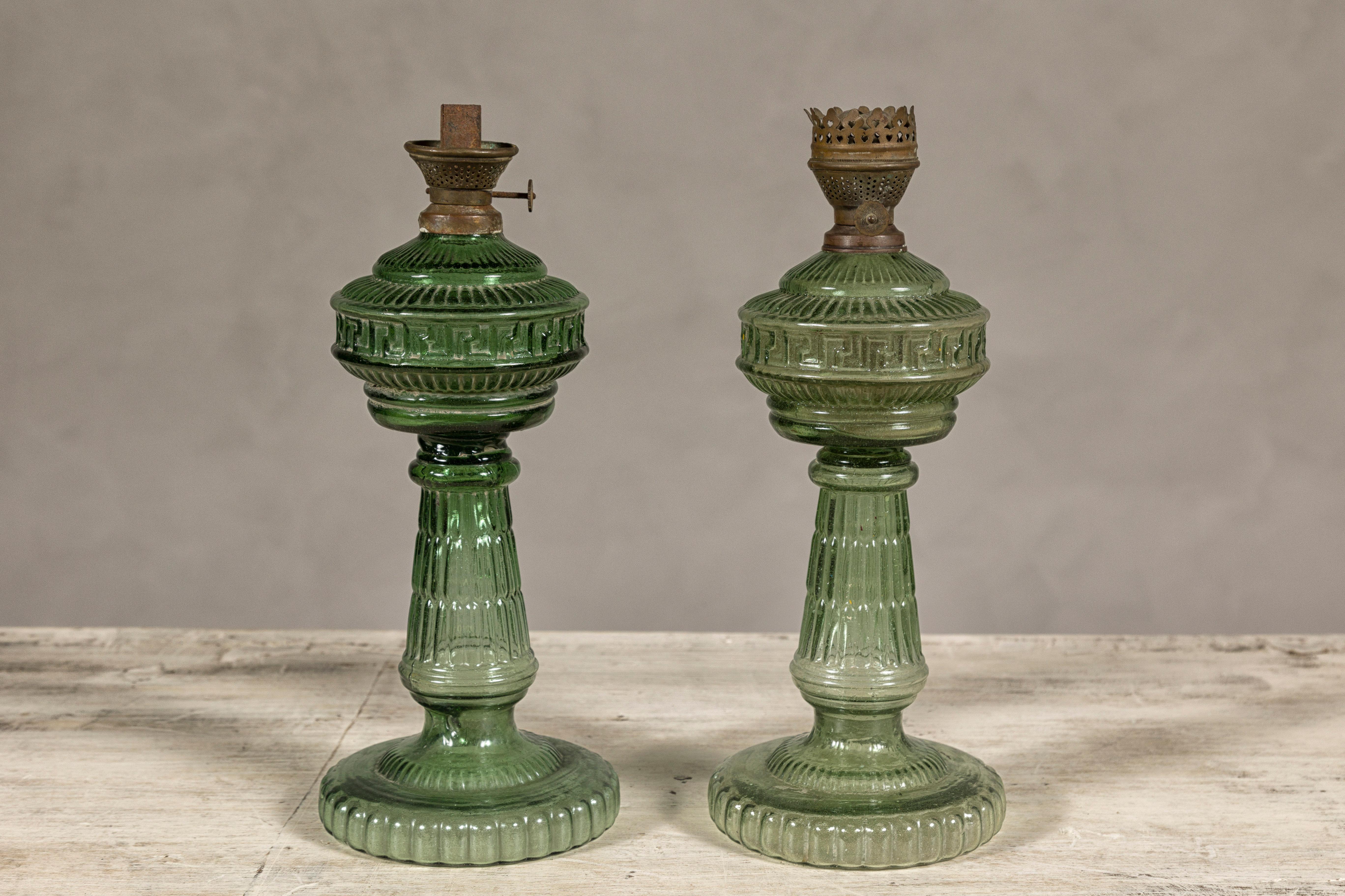 Green Glass Gas Lights with Meander Friezes, a Vintage Near Pair For Sale 6