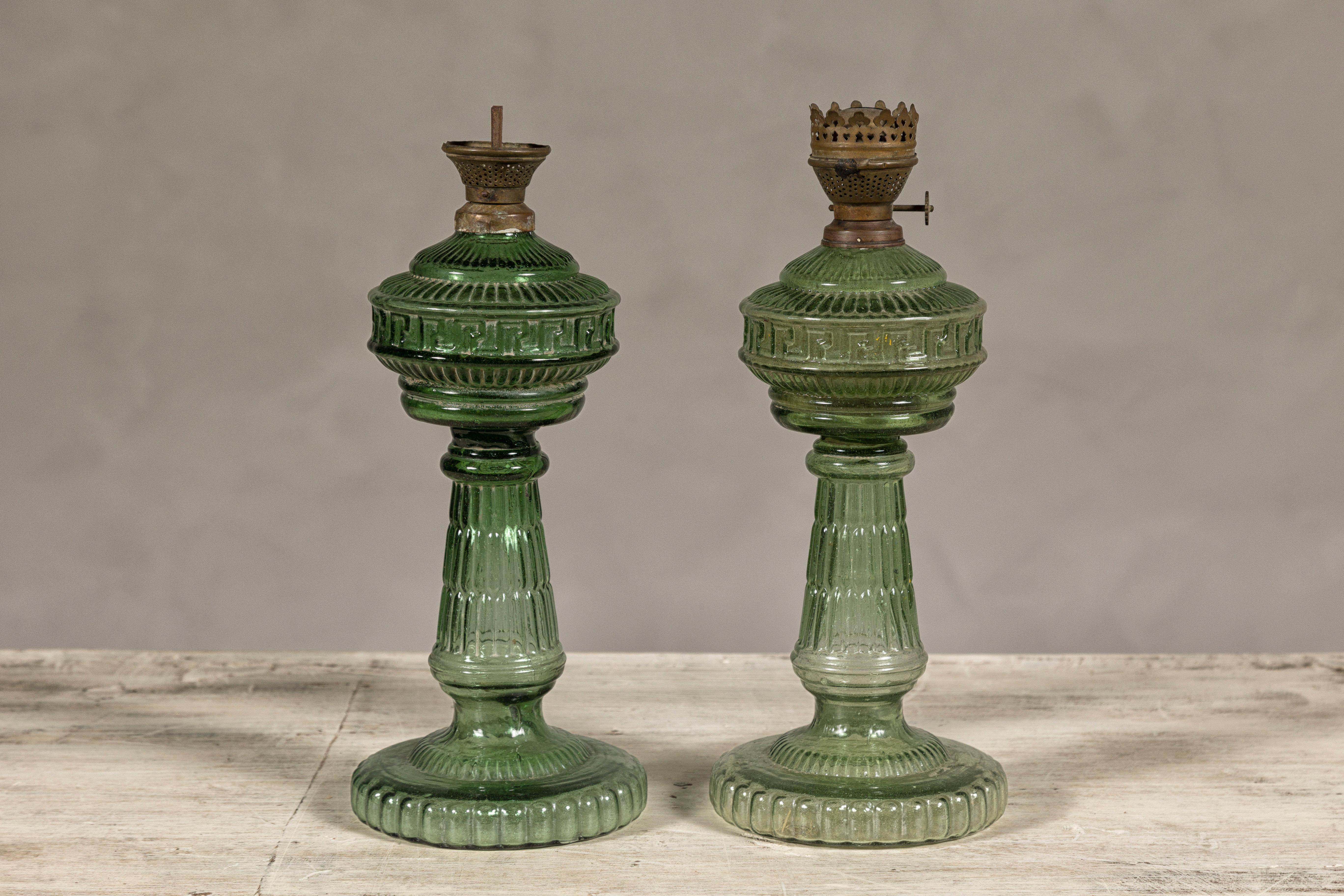 Green Glass Gas Lights with Meander Friezes, a Vintage Near Pair For Sale 7