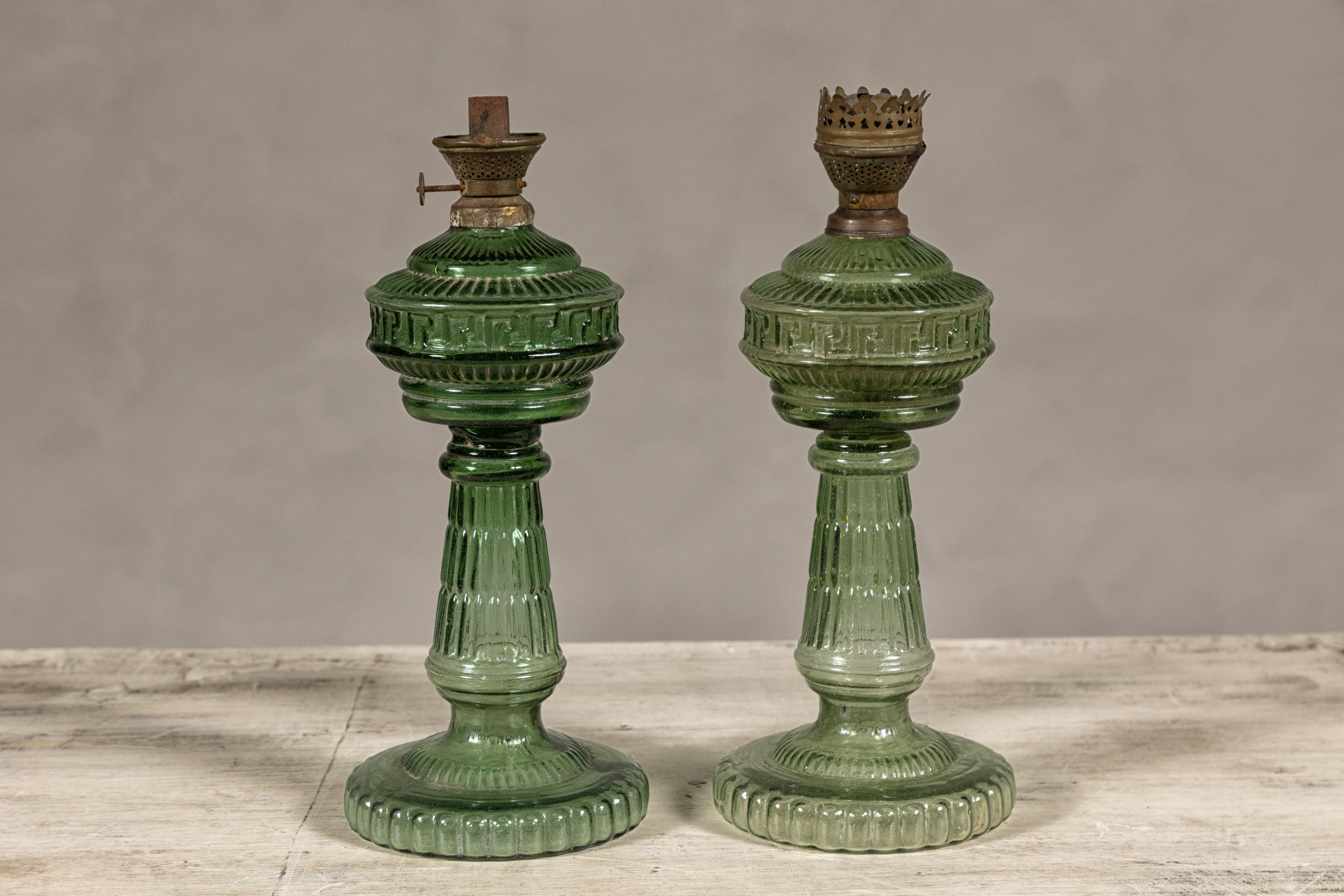 Green Glass Gas Lights with Meander Friezes, a Vintage Near Pair For Sale 8