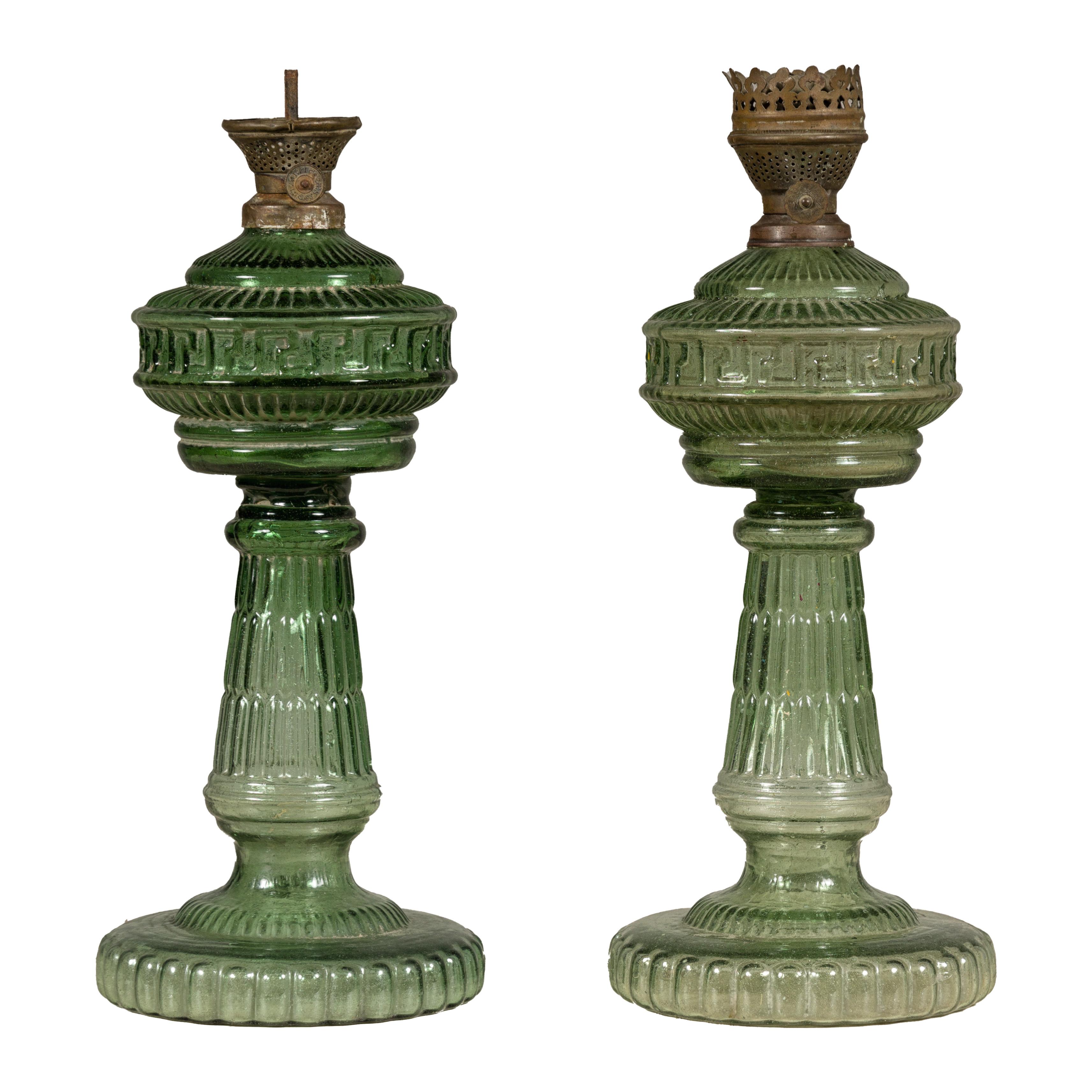Green Glass Gas Lights with Meander Friezes, a Vintage Near Pair For Sale 9