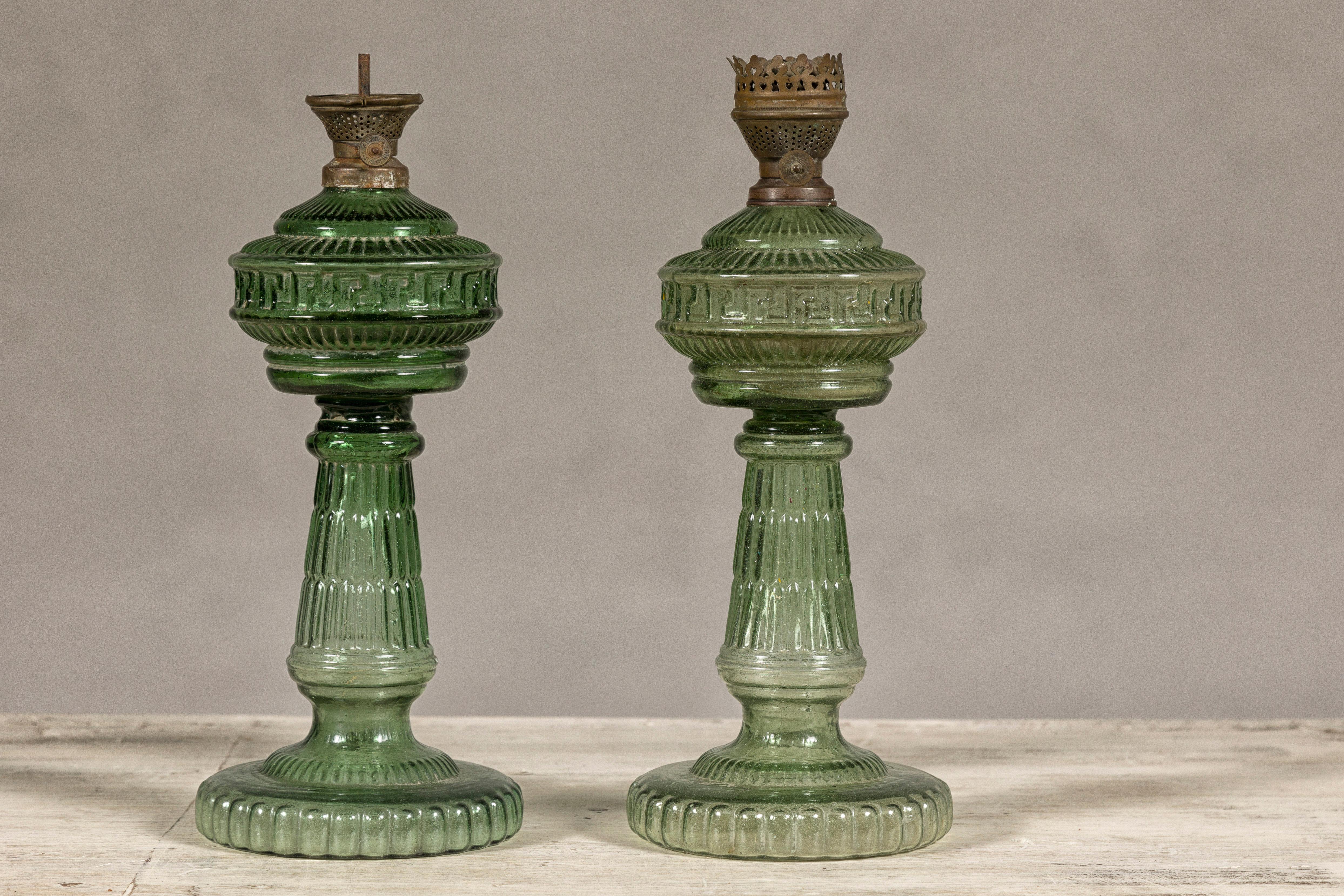 Green Glass Gas Lights with Meander Friezes, a Vintage Near Pair In Good Condition For Sale In Yonkers, NY