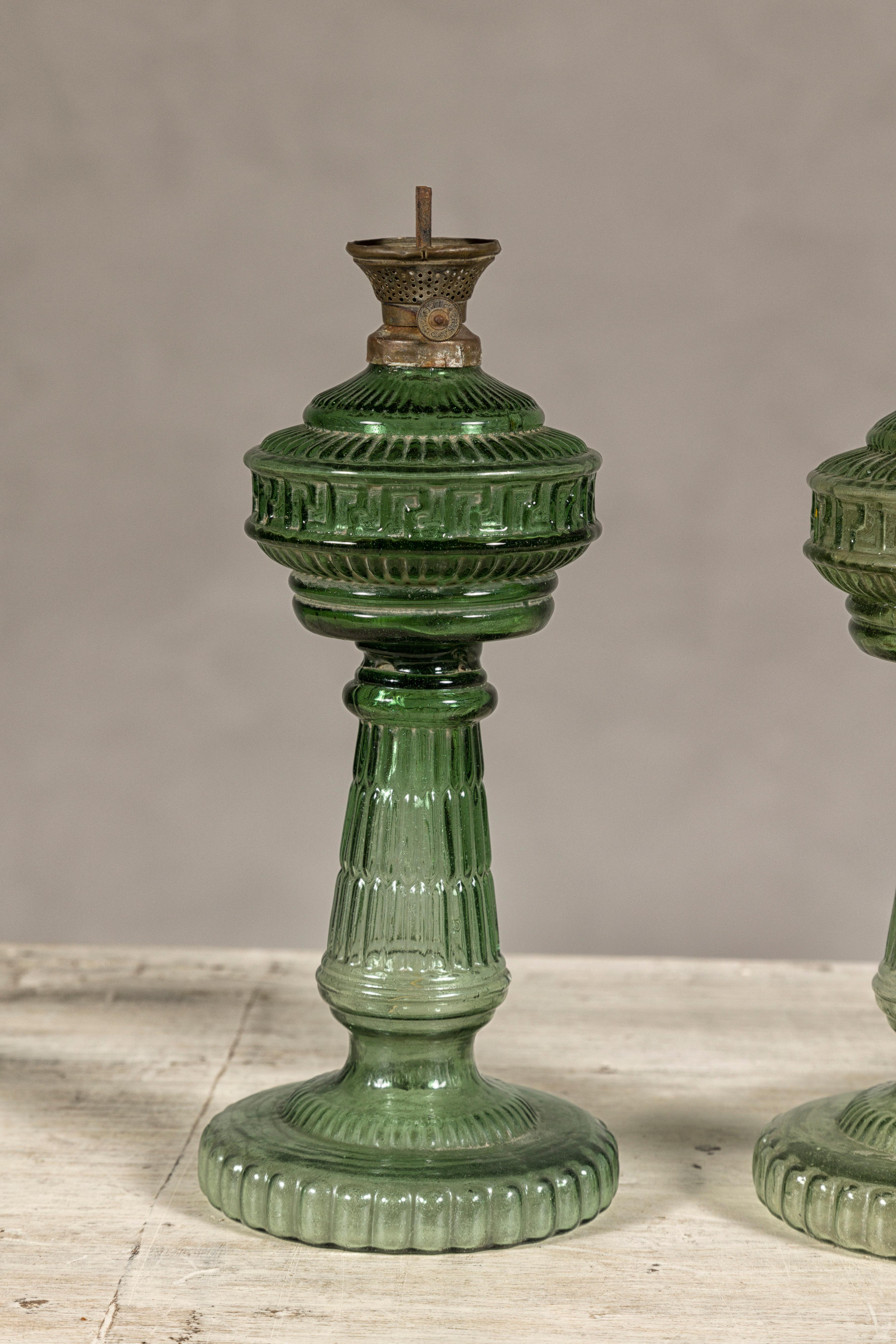 Green Glass Gas Lights with Meander Friezes, a Vintage Near Pair For Sale 1