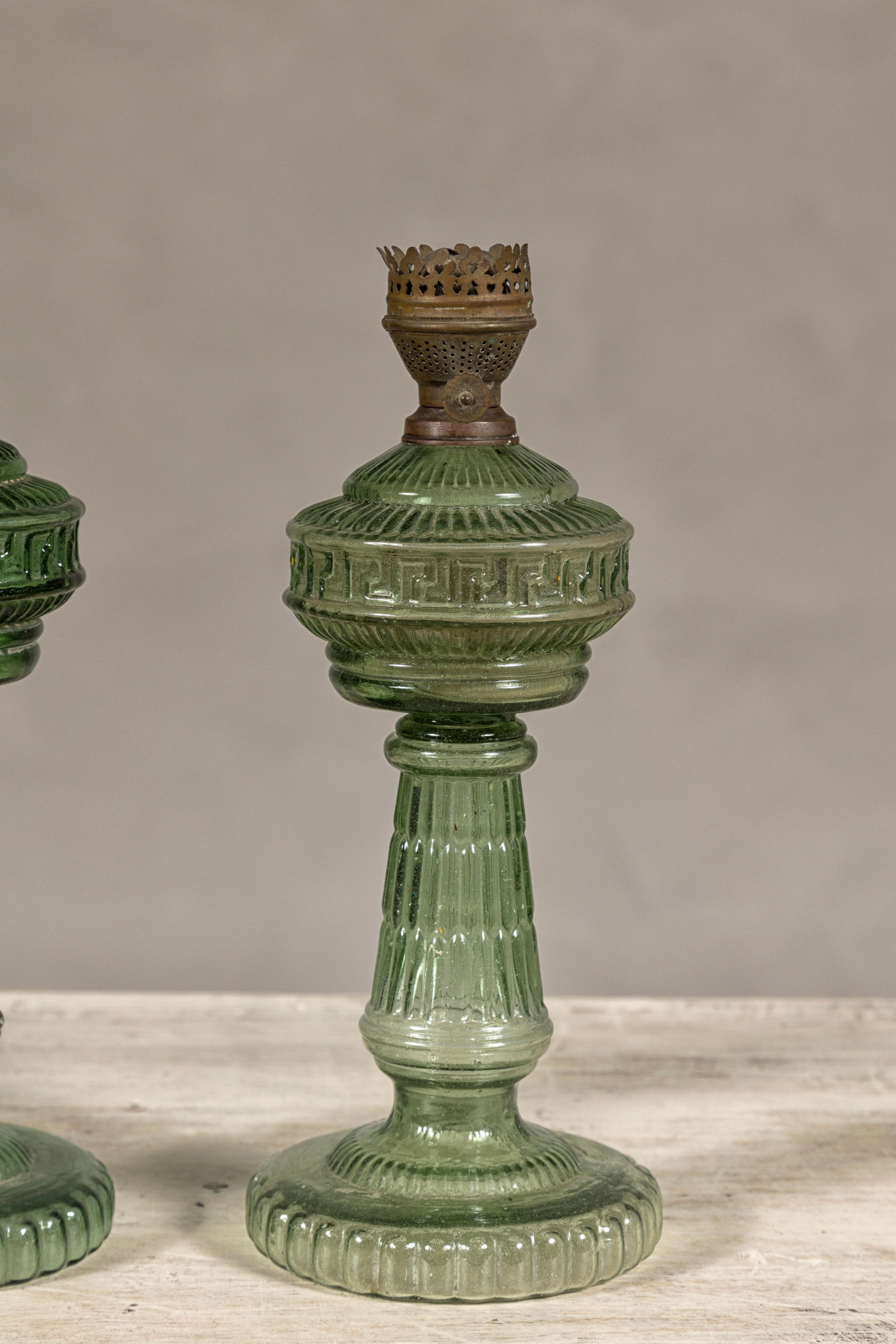 Green Glass Gas Lights with Meander Friezes, a Vintage Near Pair For Sale 2