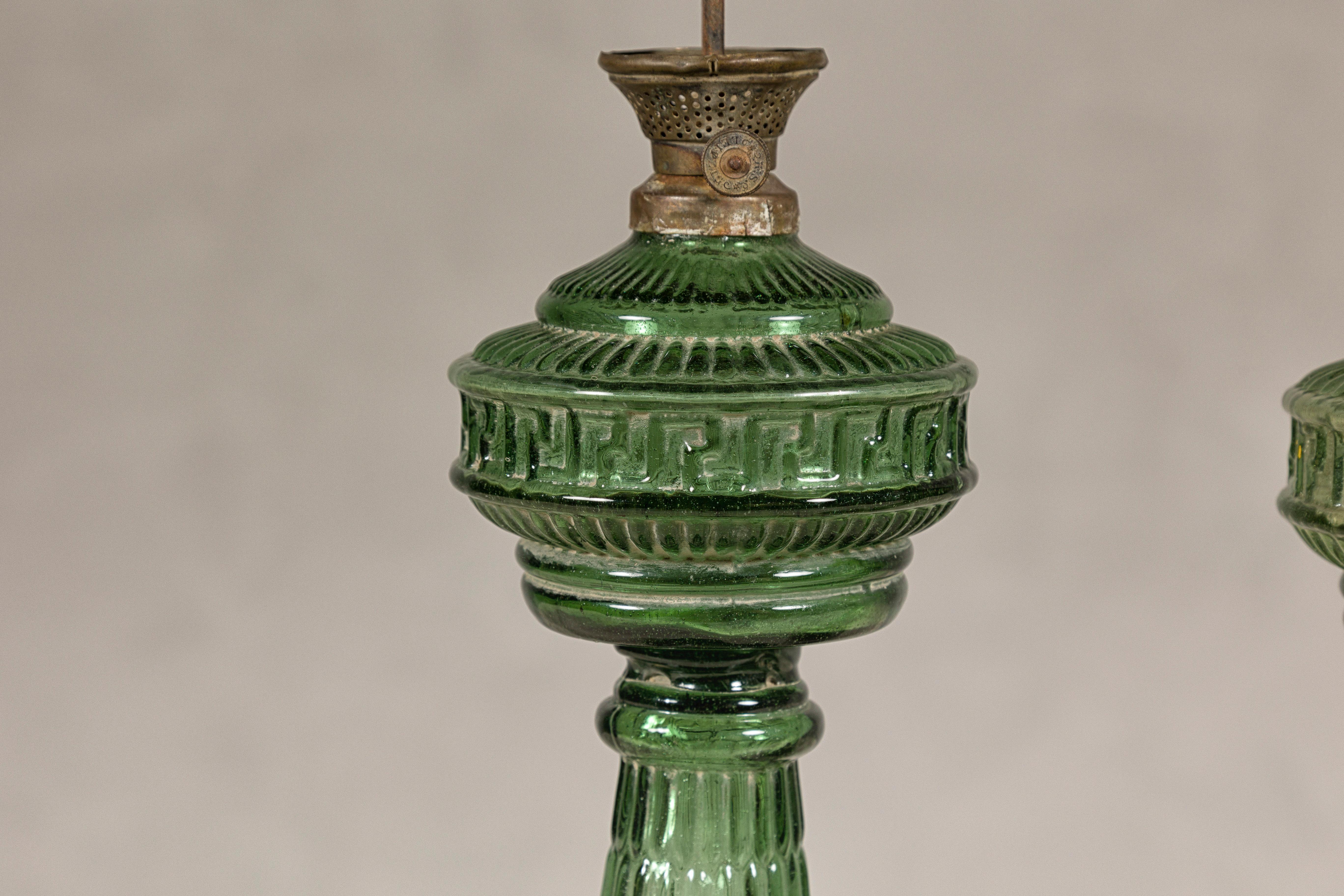 Green Glass Gas Lights with Meander Friezes, a Vintage Near Pair For Sale 3