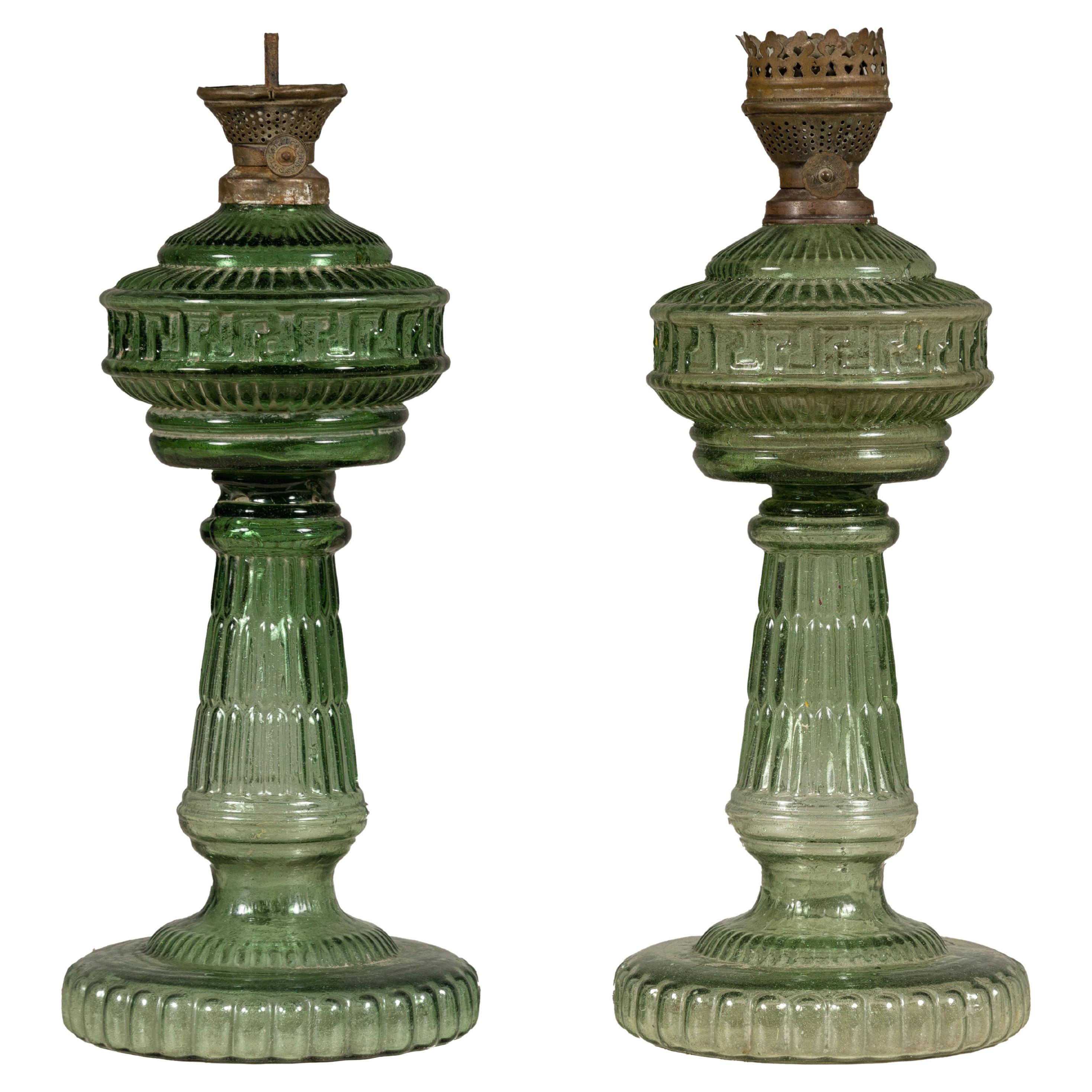 Green Glass Gas Lights with Meander Friezes, a Vintage Near Pair