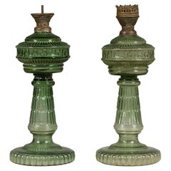 Green Glass Gas Lights with Meander Friezes, a Used Near Pair