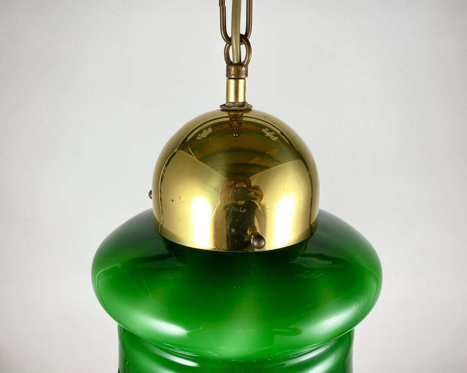 Green Glass & Gilt Brass Ceiling Lamp Vintage Glass Lampshade Chandelier For Sale 3