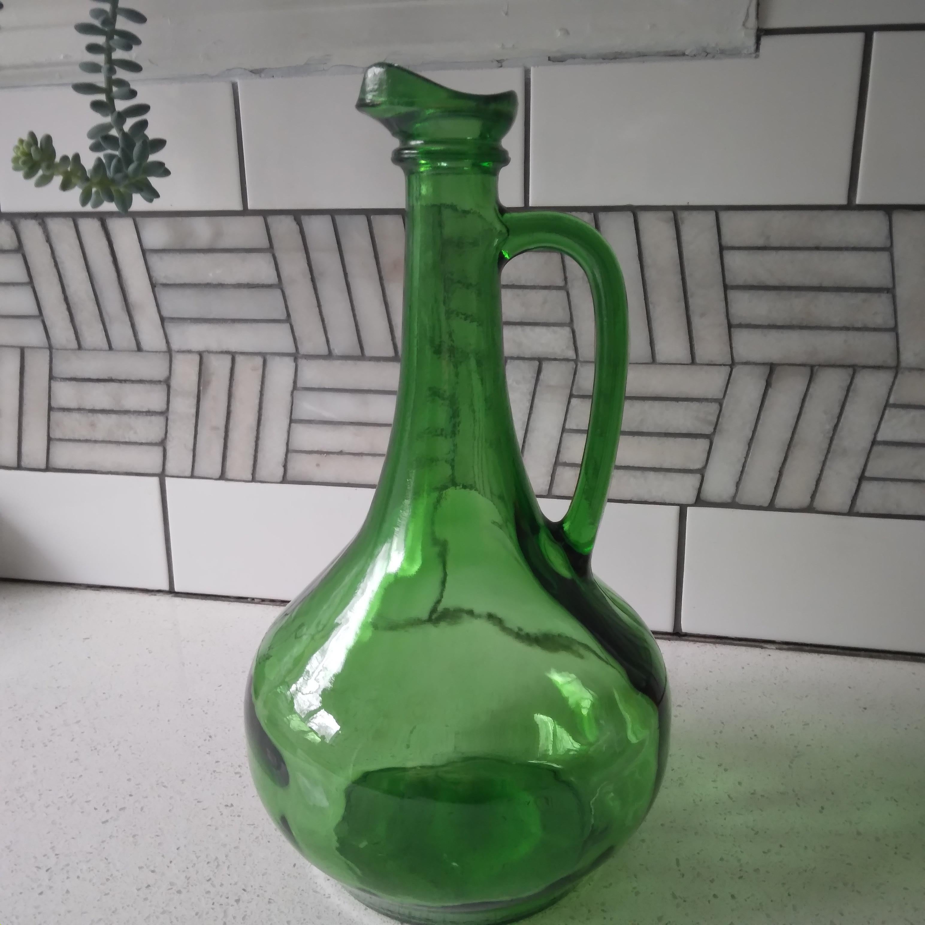 Mid-Century Modern Green Glass Long Neck Decanter Bottle circa 1978