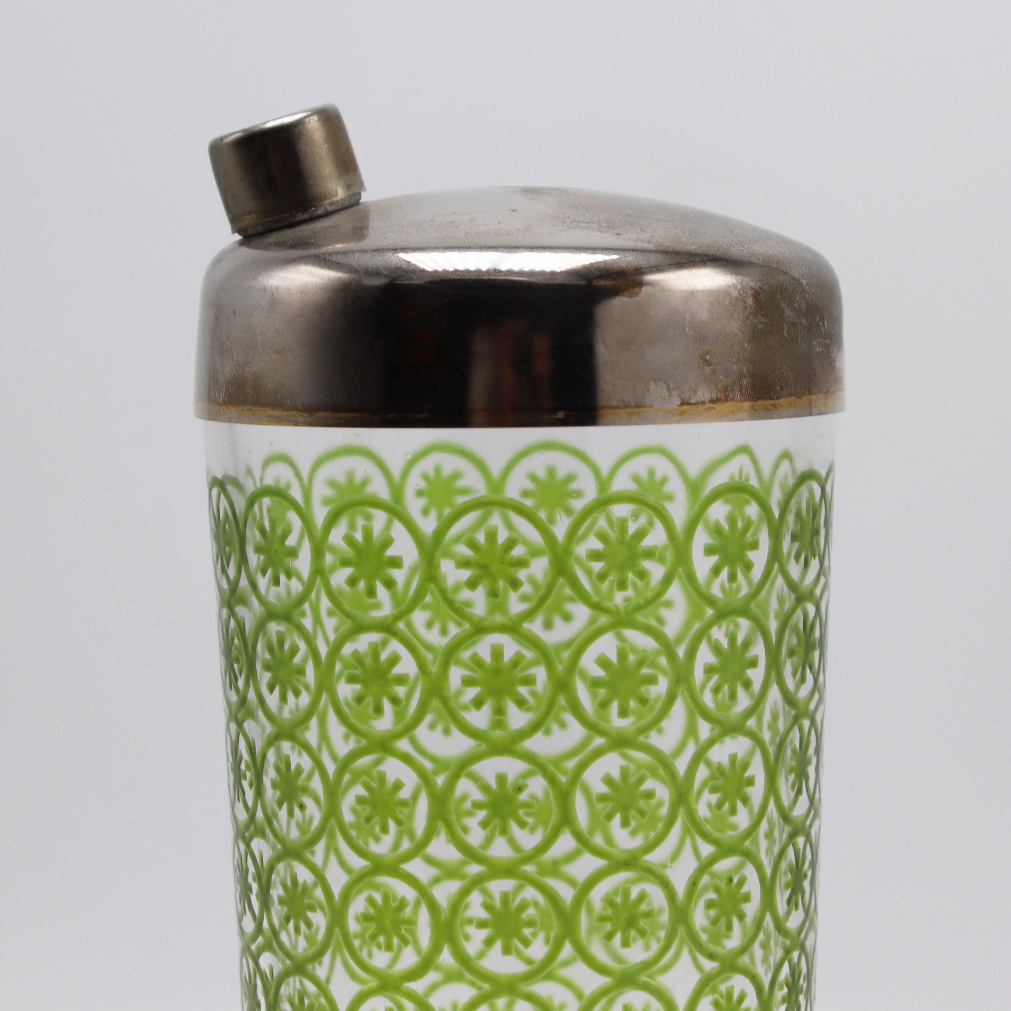 Green glass martini cocktail shaker, c. 1950.