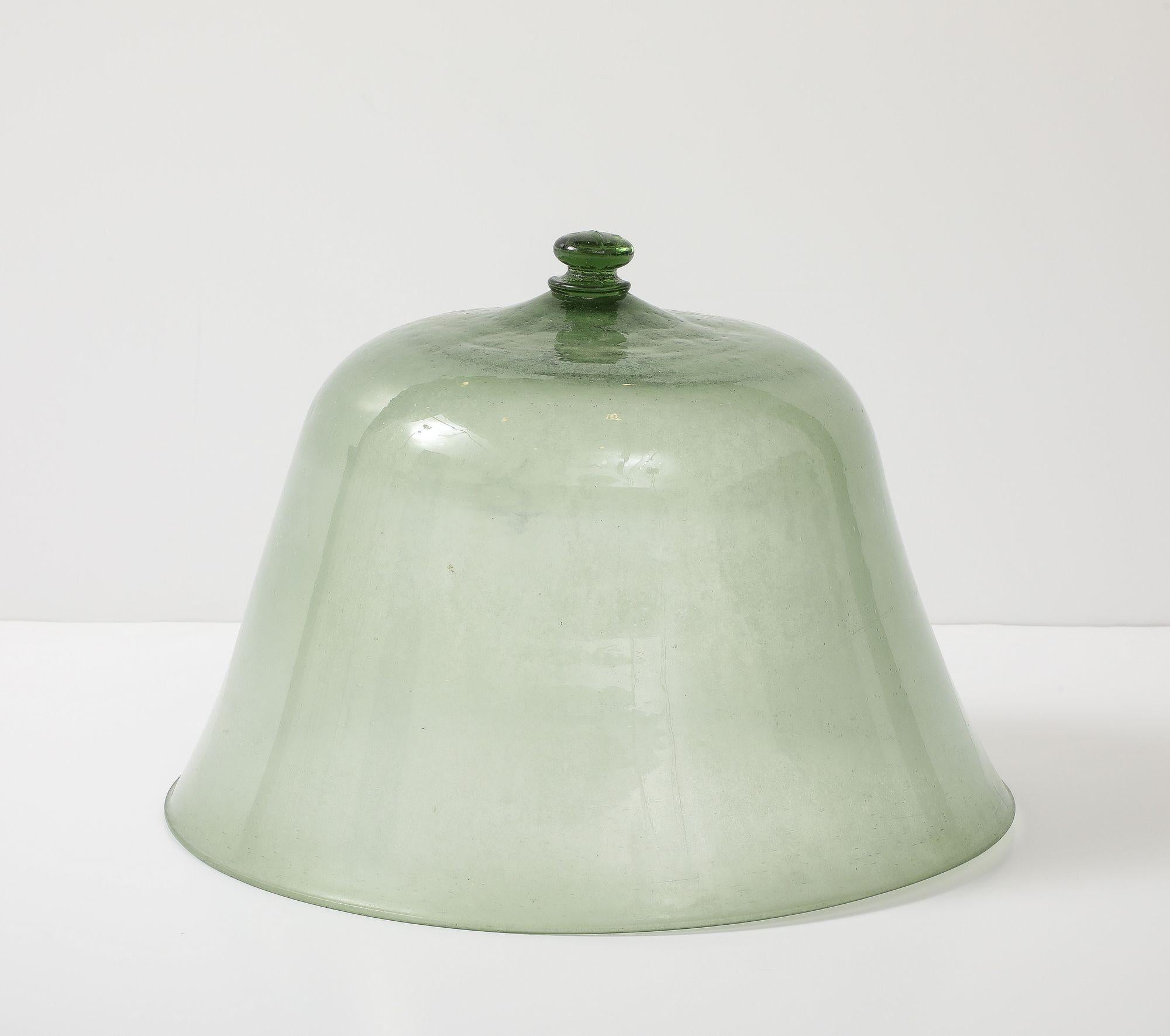19th Century Green Glass Melon Cloche with Knob, England 19th C.
