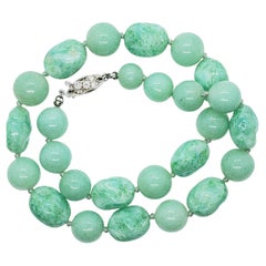 Green Glass or Stone Chunky Bead Necklace with 14K White Gold and Diamond Clasp