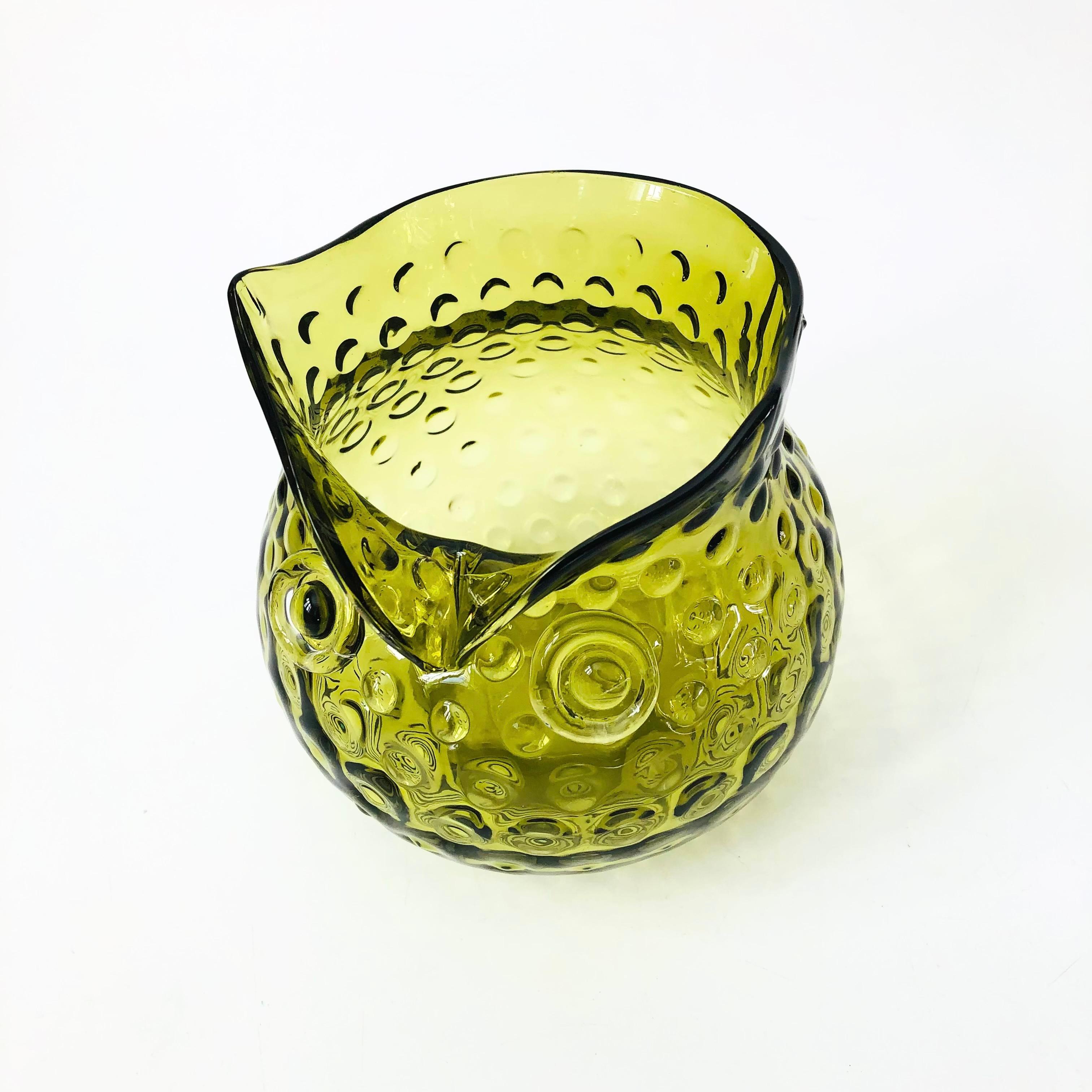 Mid-Century Modern Green Glass Owl Vase