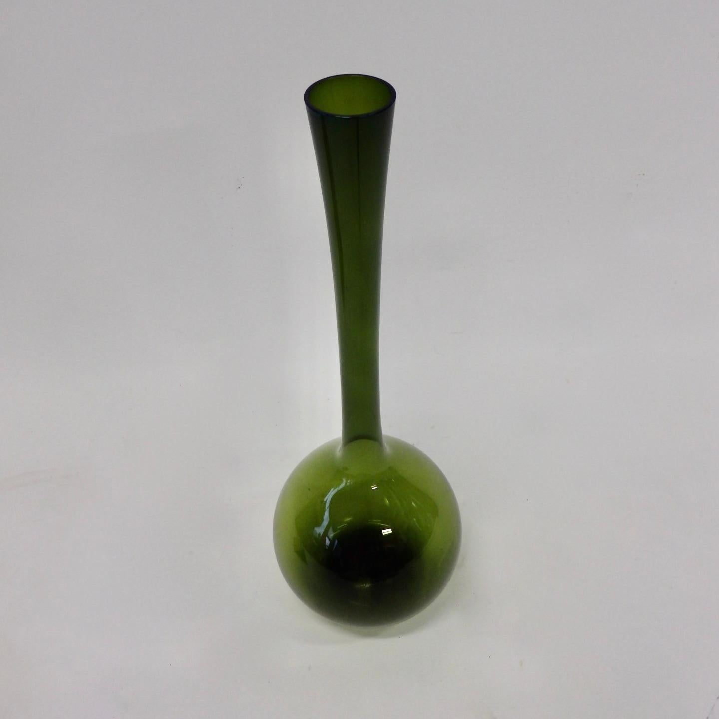 Arthur Percy bulbous base green glass bottle or vase. Manufactured by Gullaskruf.