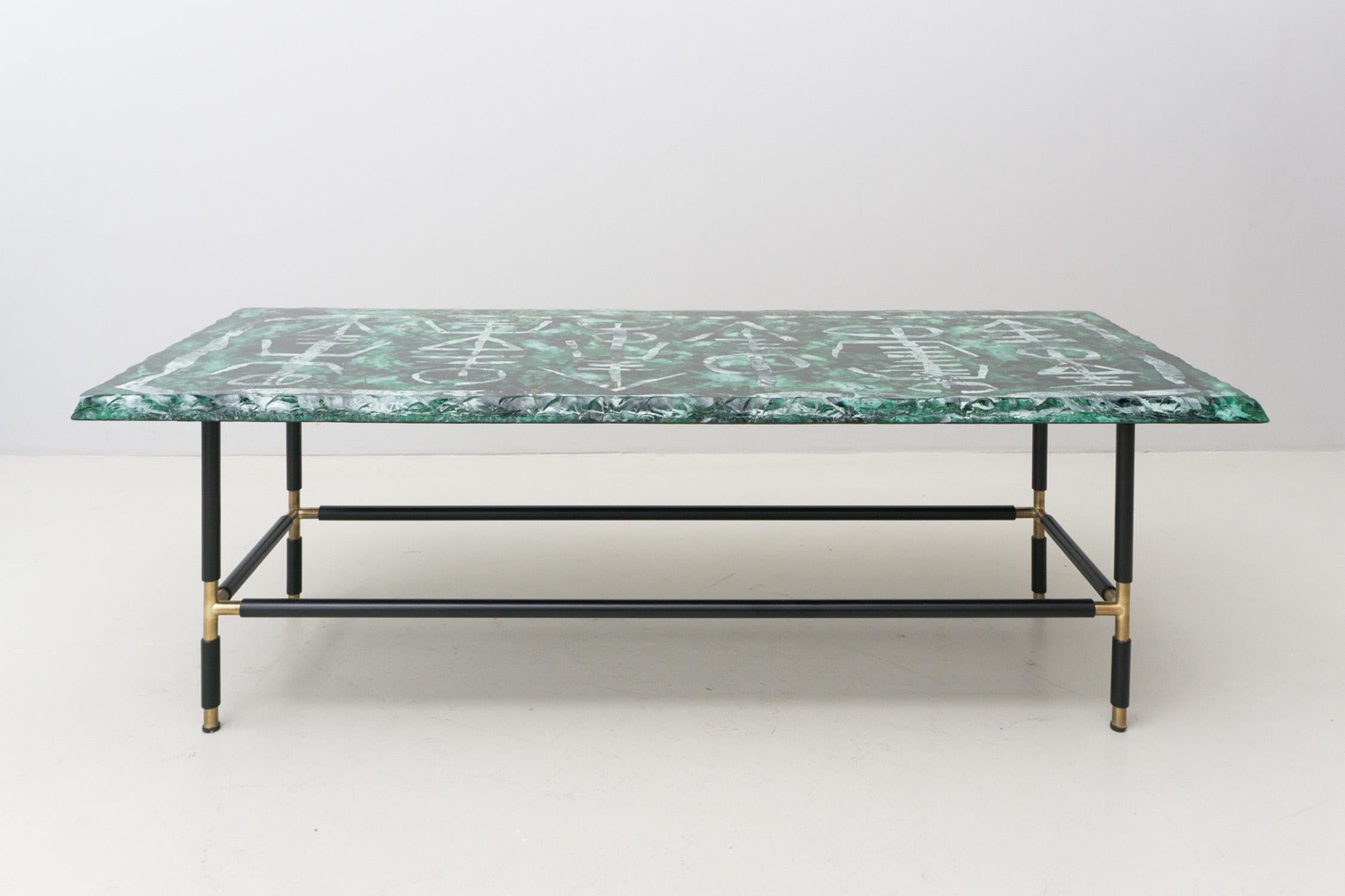 Italian Green Glass Table by Duiliu Barnabé / Fontana Arte, c.a. 1960 For Sale