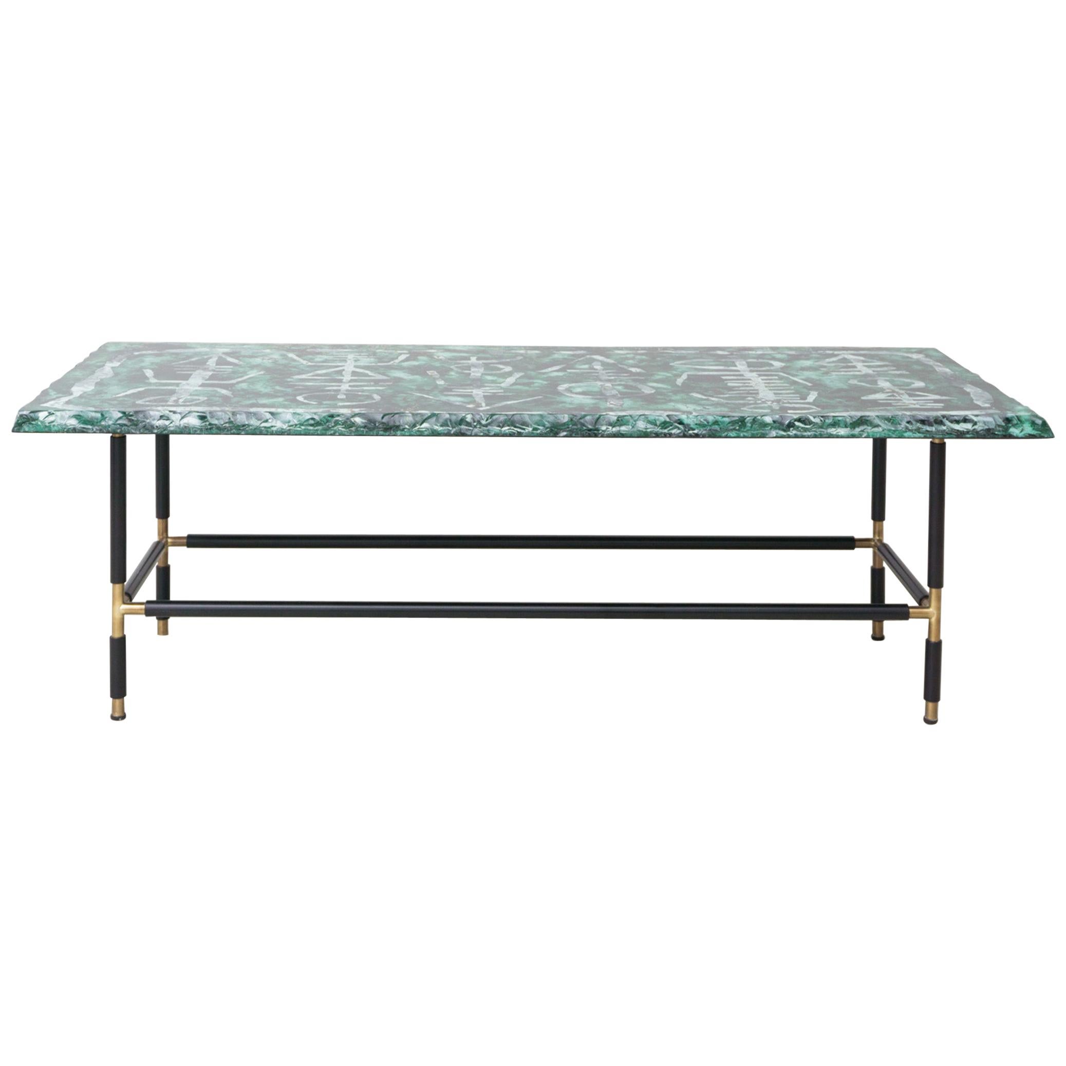 Green Glass Table by Duiliu Barnabé / Fontana Arte, c.a. 1960 For Sale