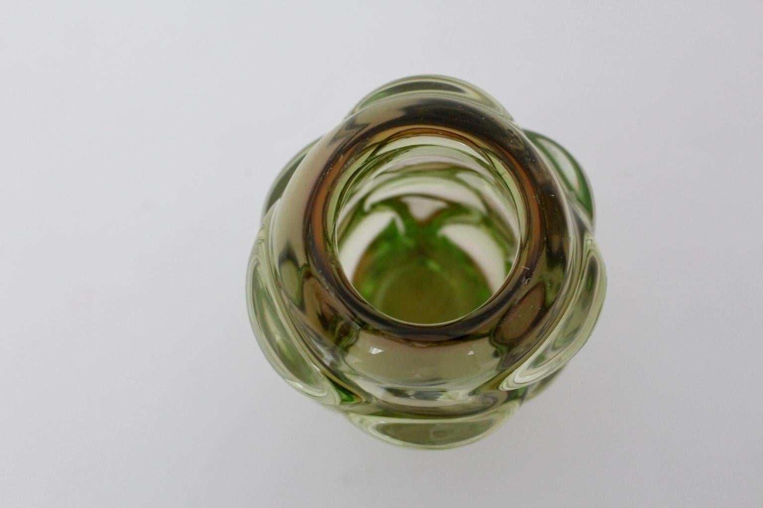 Mid-20th Century Green Glass Vase by Jan Beranek for Skrdlovice Czech Republic, 1960s For Sale
