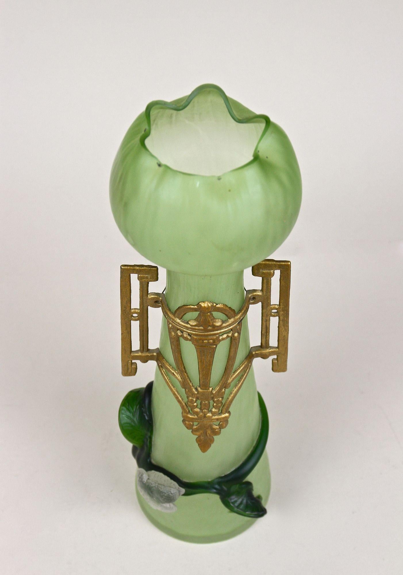 Green Glass Vase with Bronze Mounting Art Nouveau, Bohemia, circa 1905 8