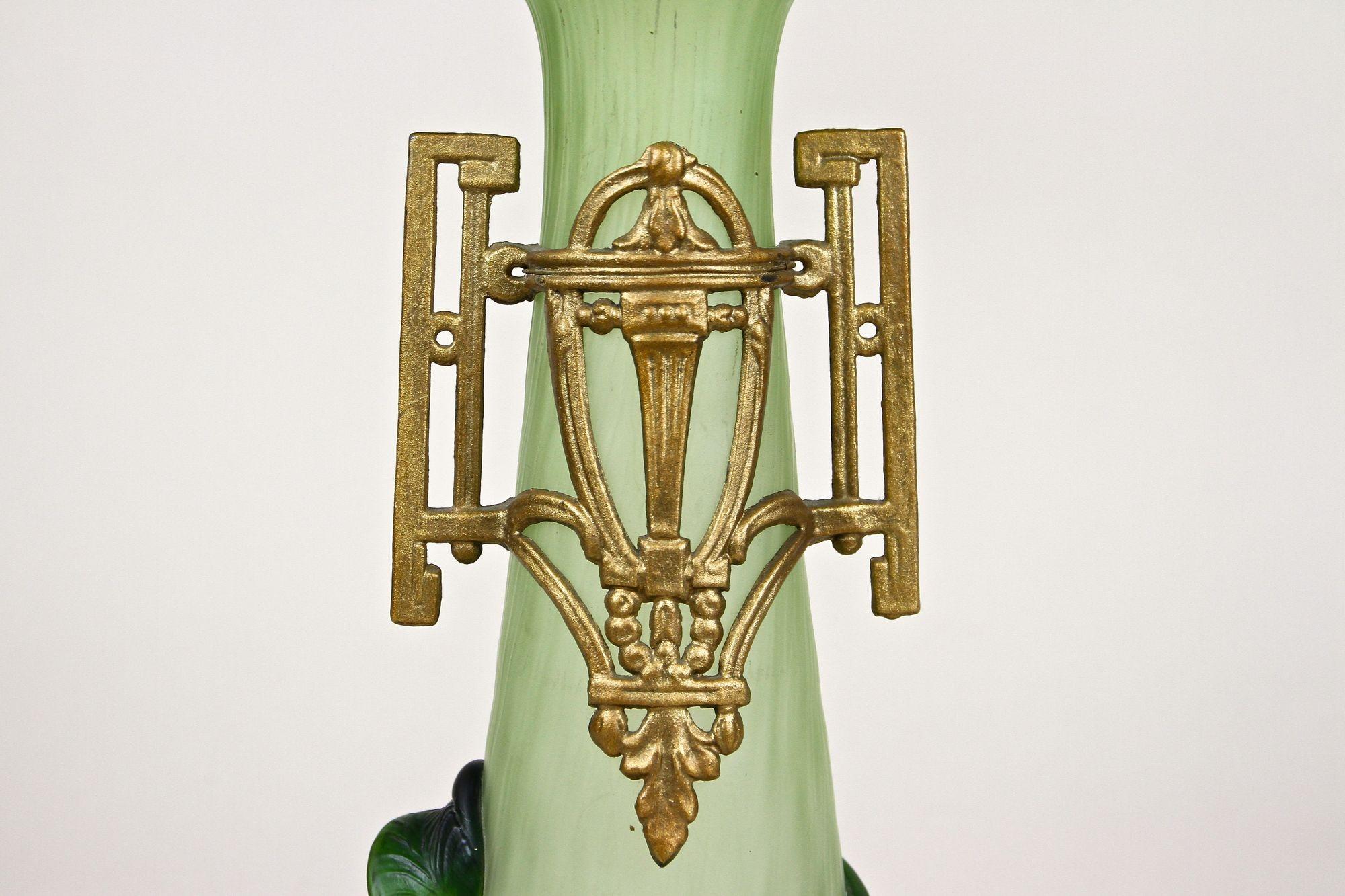 Czech Green Glass Vase with Bronze Mounting Art Nouveau, Bohemia, circa 1905