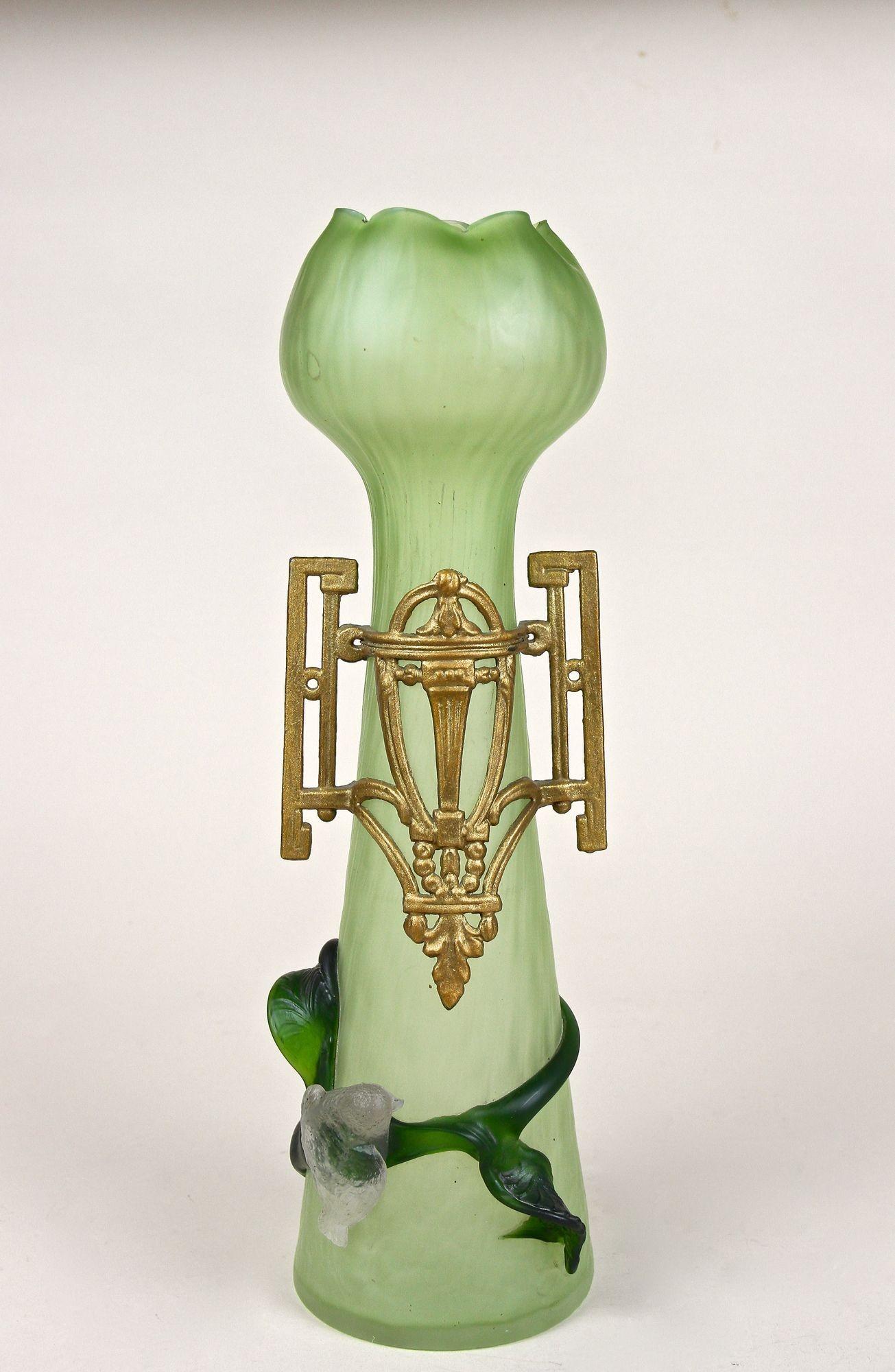 Gilt Green Glass Vase with Bronze Mounting Art Nouveau, Bohemia, circa 1905