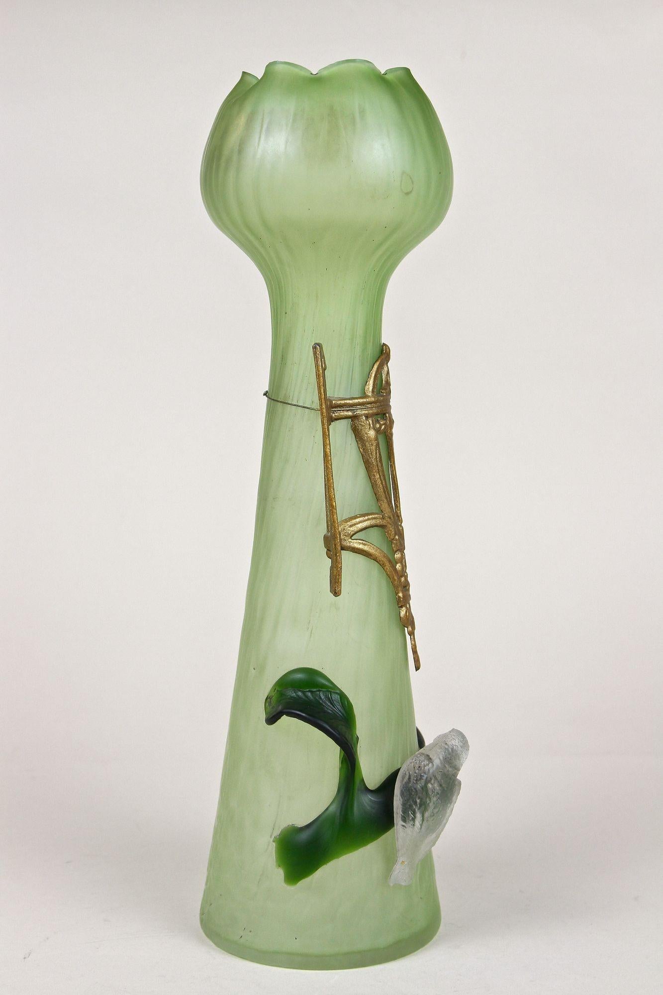 Green Glass Vase with Bronze Mounting Art Nouveau, Bohemia, circa 1905 2