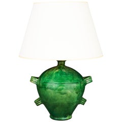 Green Glaze Amphora Form Vase as a Table Lamp with Four Handles