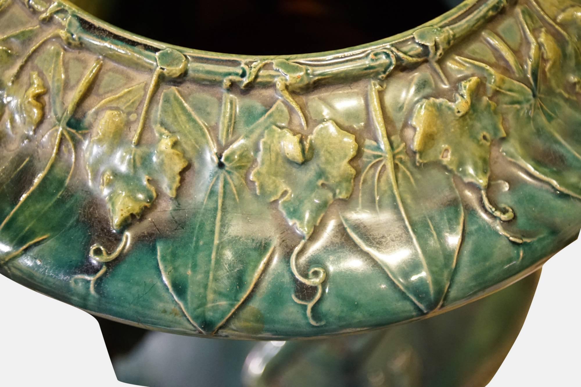19th Century Green Glaze Majolica Vase For Sale