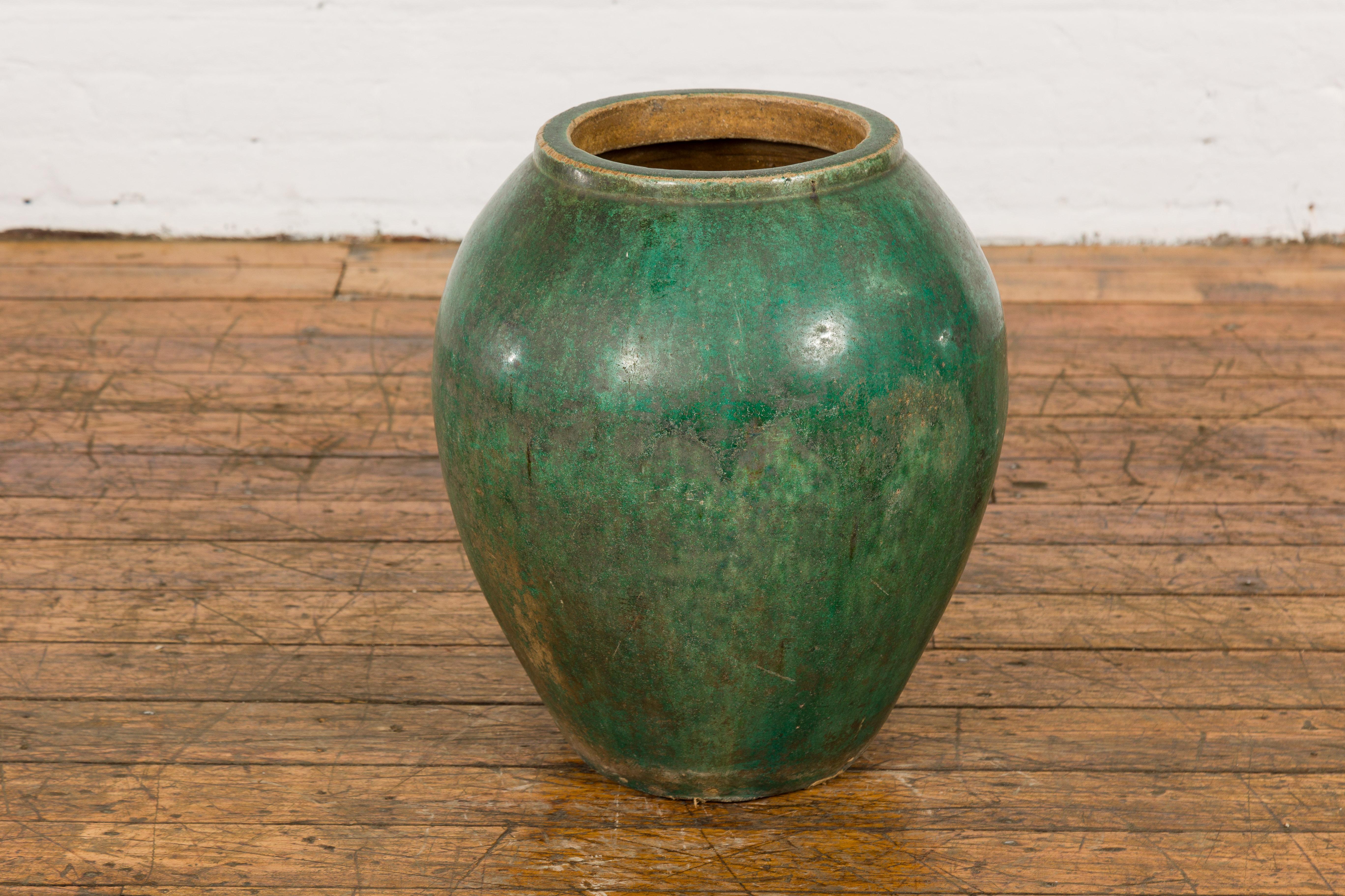 Green Glazed 1950s Ceramic Planter Jar with Tapering Lines For Sale 5