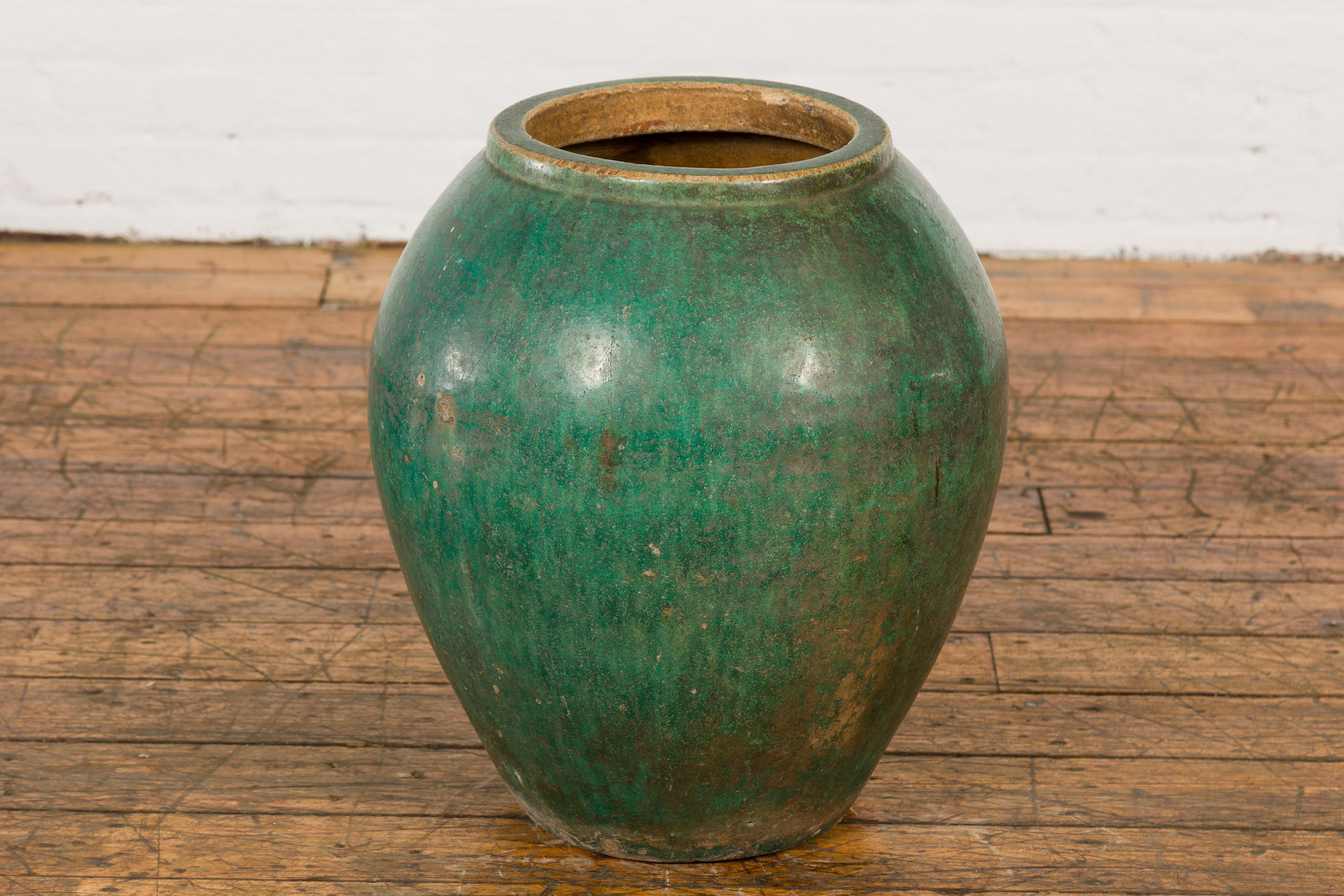 Green Glazed 1950s Ceramic Planter Jar with Tapering Lines For Sale 6