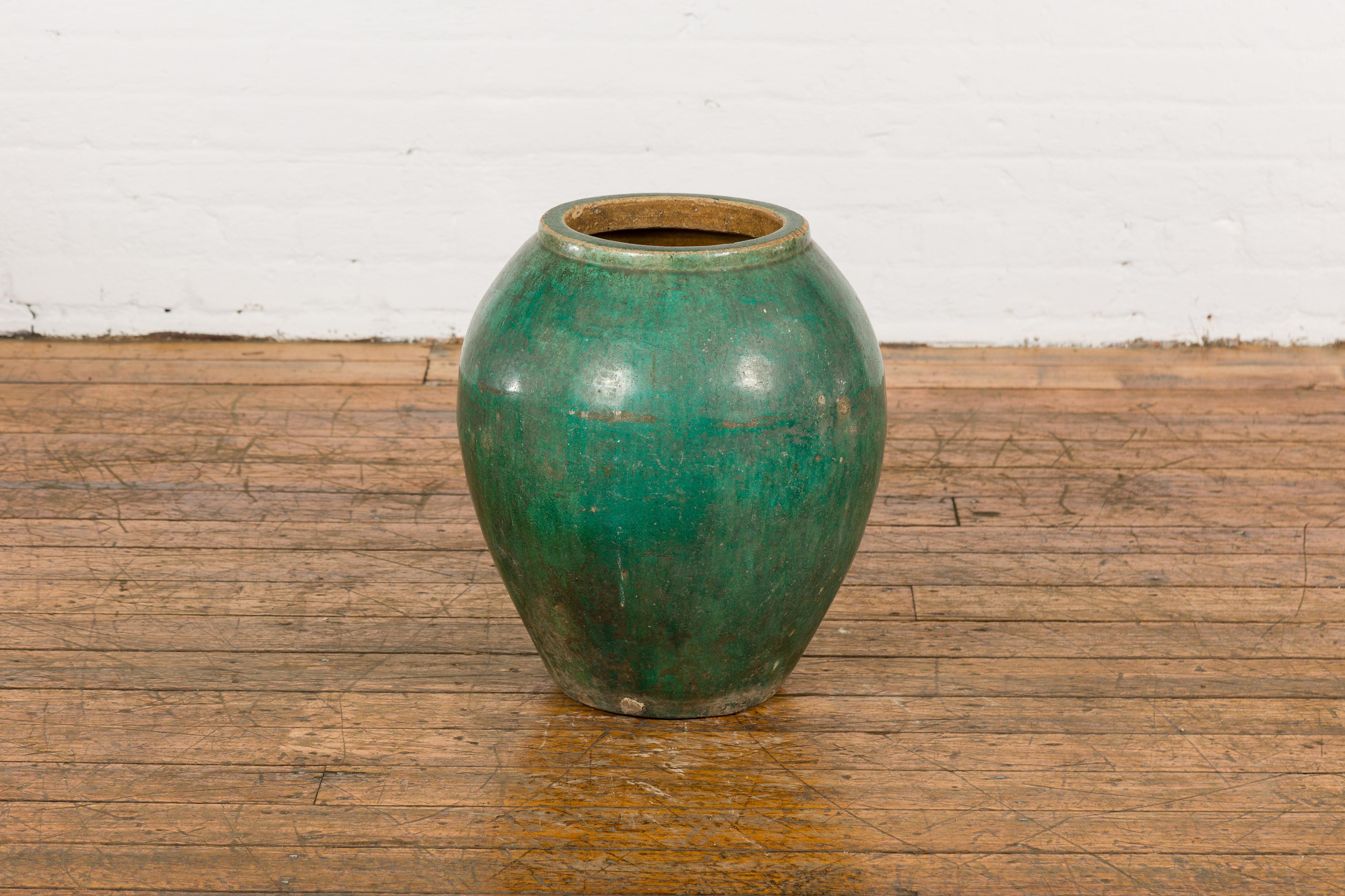 Green Glazed 1950s Ceramic Planter Jar with Tapering Lines For Sale 7