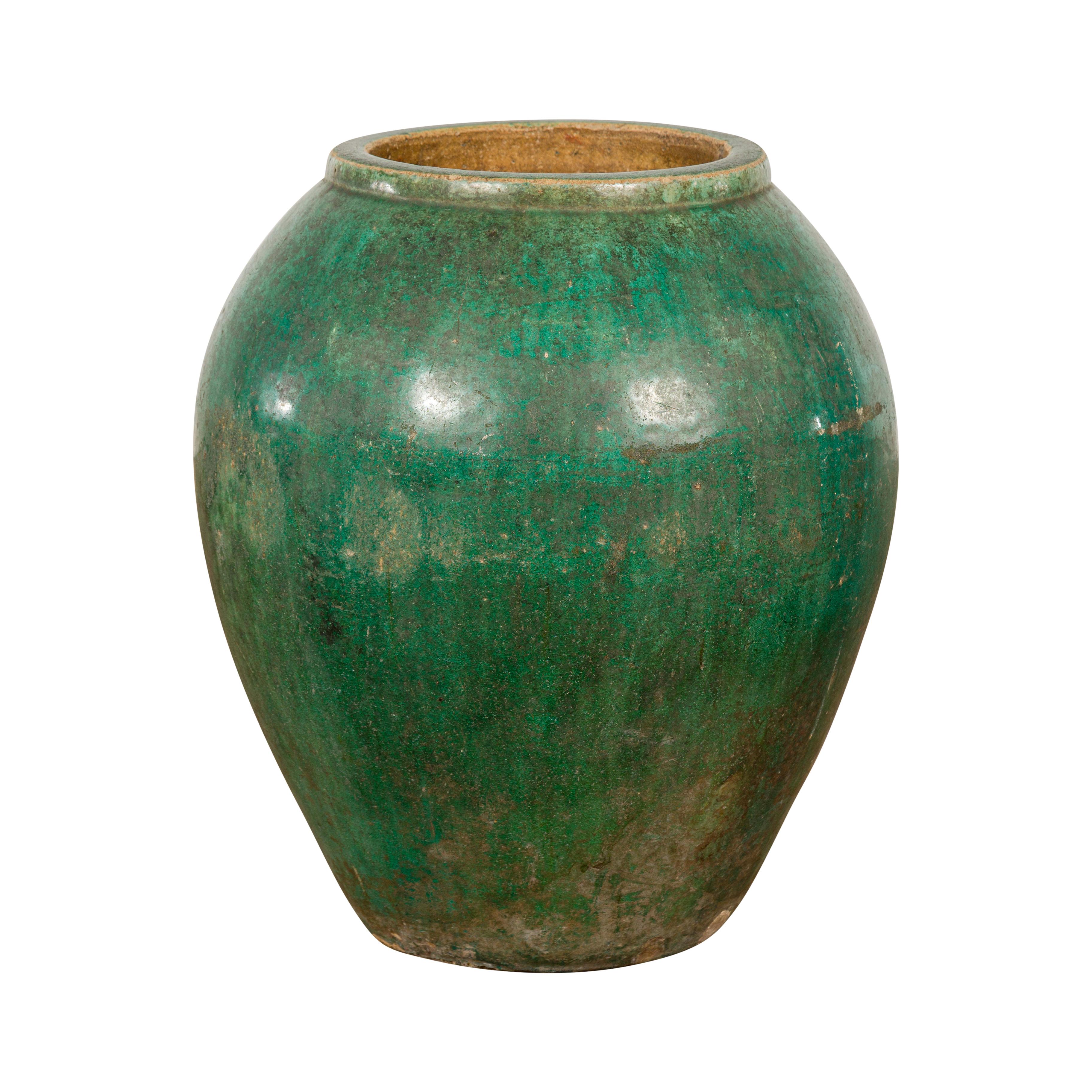 Green Glazed 1950s Ceramic Planter Jar with Tapering Lines For Sale 9
