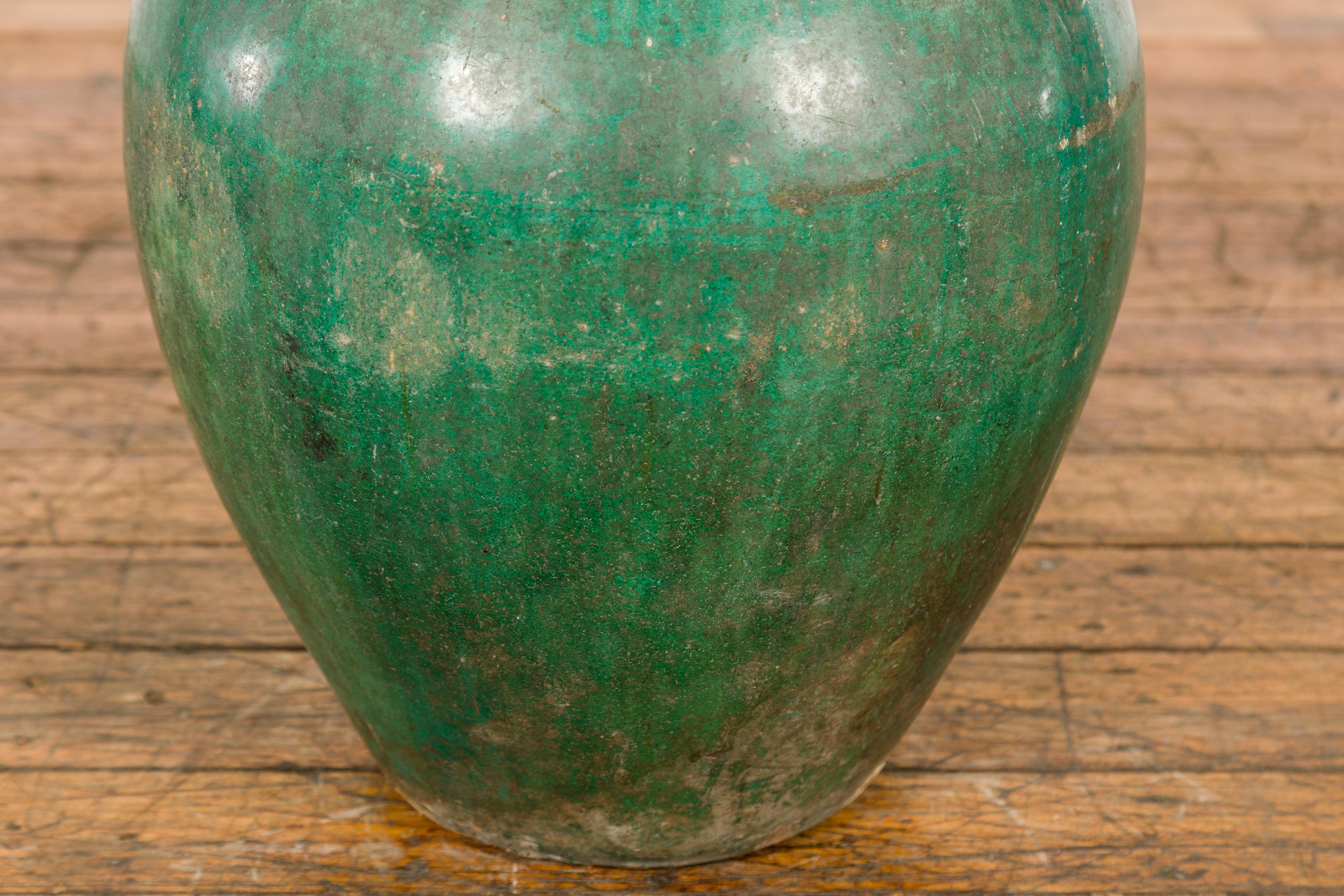 Green Glazed 1950s Ceramic Planter Jar with Tapering Lines For Sale 1