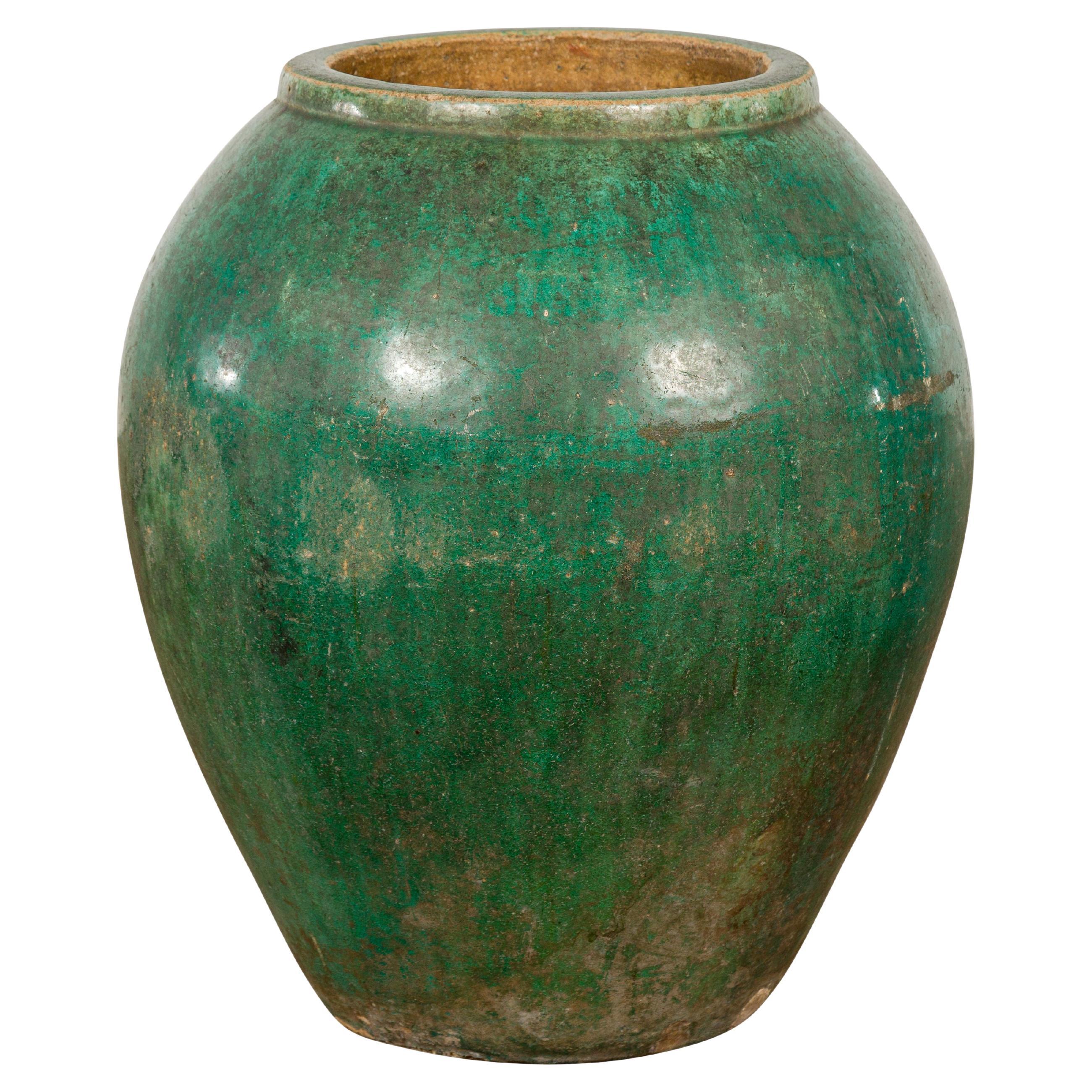 Green Glazed 1950s Ceramic Planter Jar with Tapering Lines For Sale