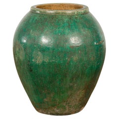 Retro Green Glazed 1950s Ceramic Planter Jar with Tapering Lines