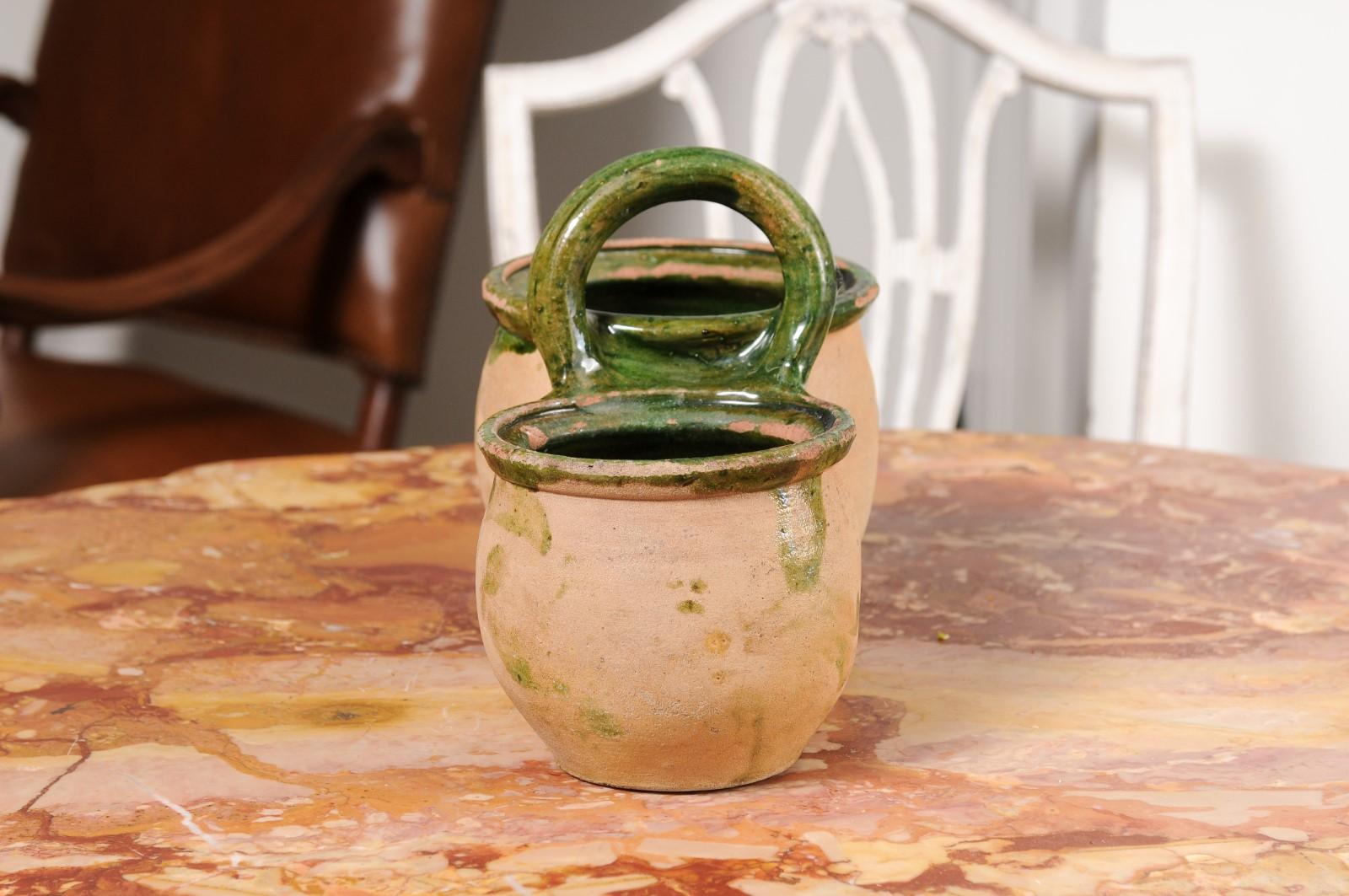 Green Glazed 19th Century Pottery Shepherd's Lunch Holder with Bowls and Handle For Sale 6