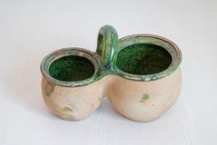 Green Glazed 19th Century Pottery Shepherd's Lunch Holder with Bowls and Handle