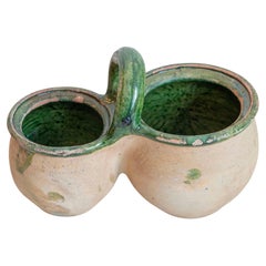 Green Glazed 19th Century Pottery Shepherd's Lunch Holder with Bowls and Handle