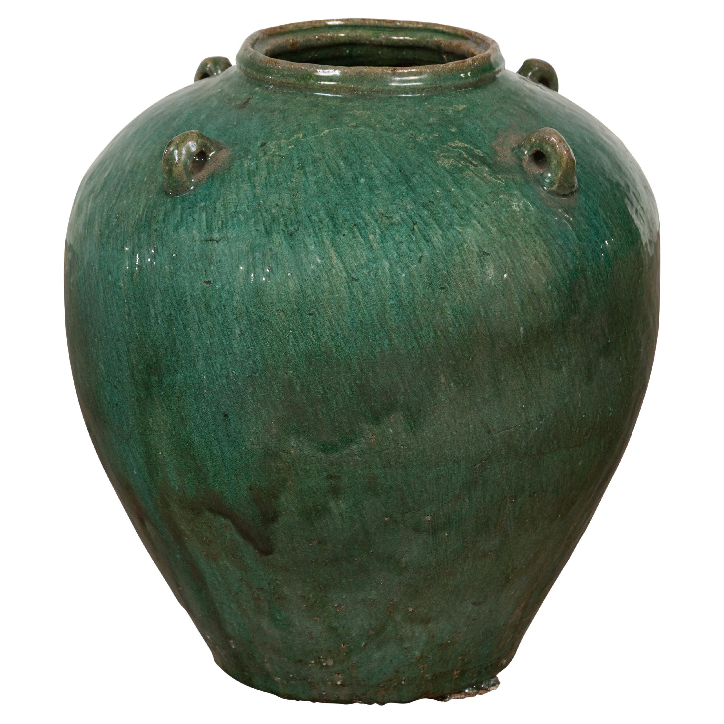 Ancienne jarre en céramique chinoise Hunan émaillée verte de la fin de la dynastie Qing