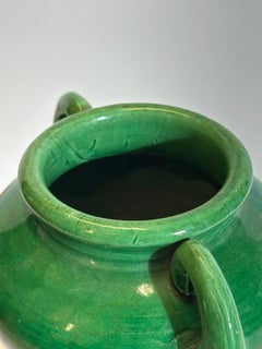 Green Glazed Art Nouveau Awaji Pottery Vase, Double Handled, Japan, 1900s