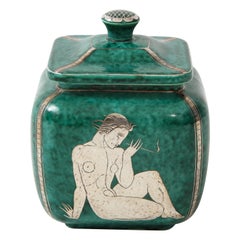 Green Glazed Ceramic and Silver "Argenta" Jar by Wilhelm Kage for Gustavsberg