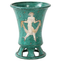 Green Glazed Ceramic and Silver "Argenta" Vase by Wilhelm Kage for Gustavsberg