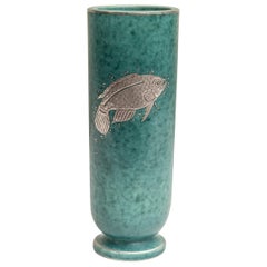 Green Glazed Ceramic and Silver "Argenta" Vase by Wilhelm Kage for Gustavsberg