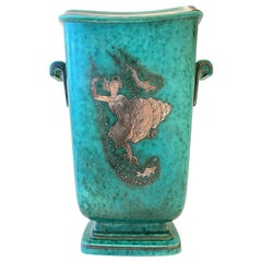 Green Glazed Ceramic and Silver "Argenta" Vase by Wilhelm Kage for Gustavsberg