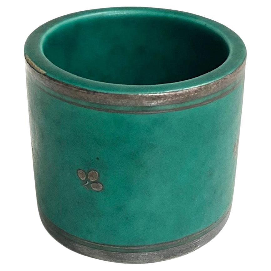 Green Glazed Ceramic and Silver "Argenta" Vase by Wilhelm Kage for Gustavsberg For Sale