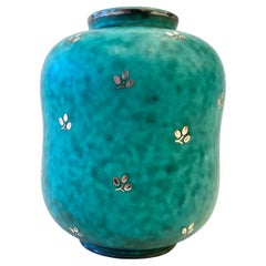 Green Glazed Ceramic and Silver Inlaid "Argenta" Vase by Wilhelm Kage for Gustav