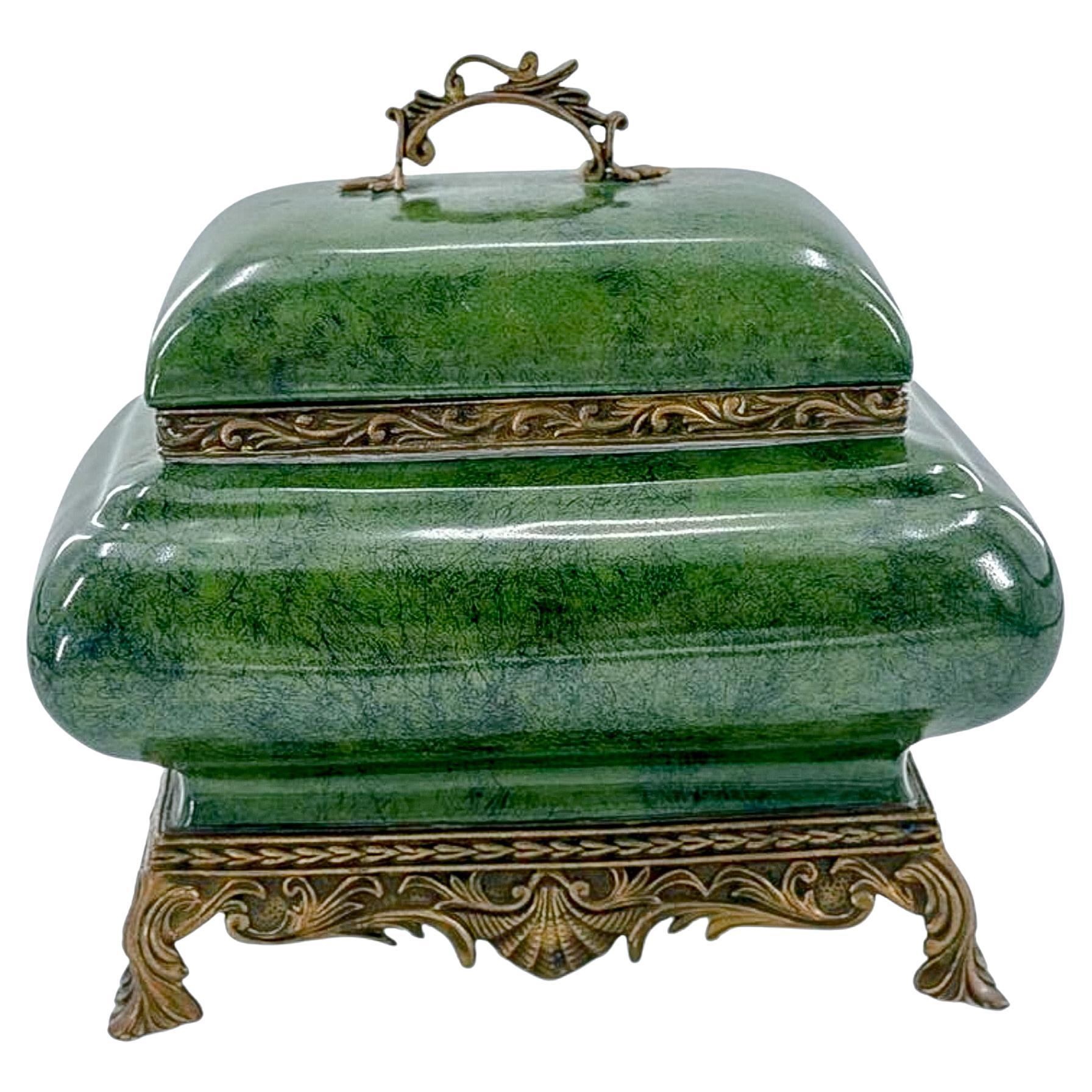 Green Glazed Ceramic Box with Gilt Bronze Mounts For Sale