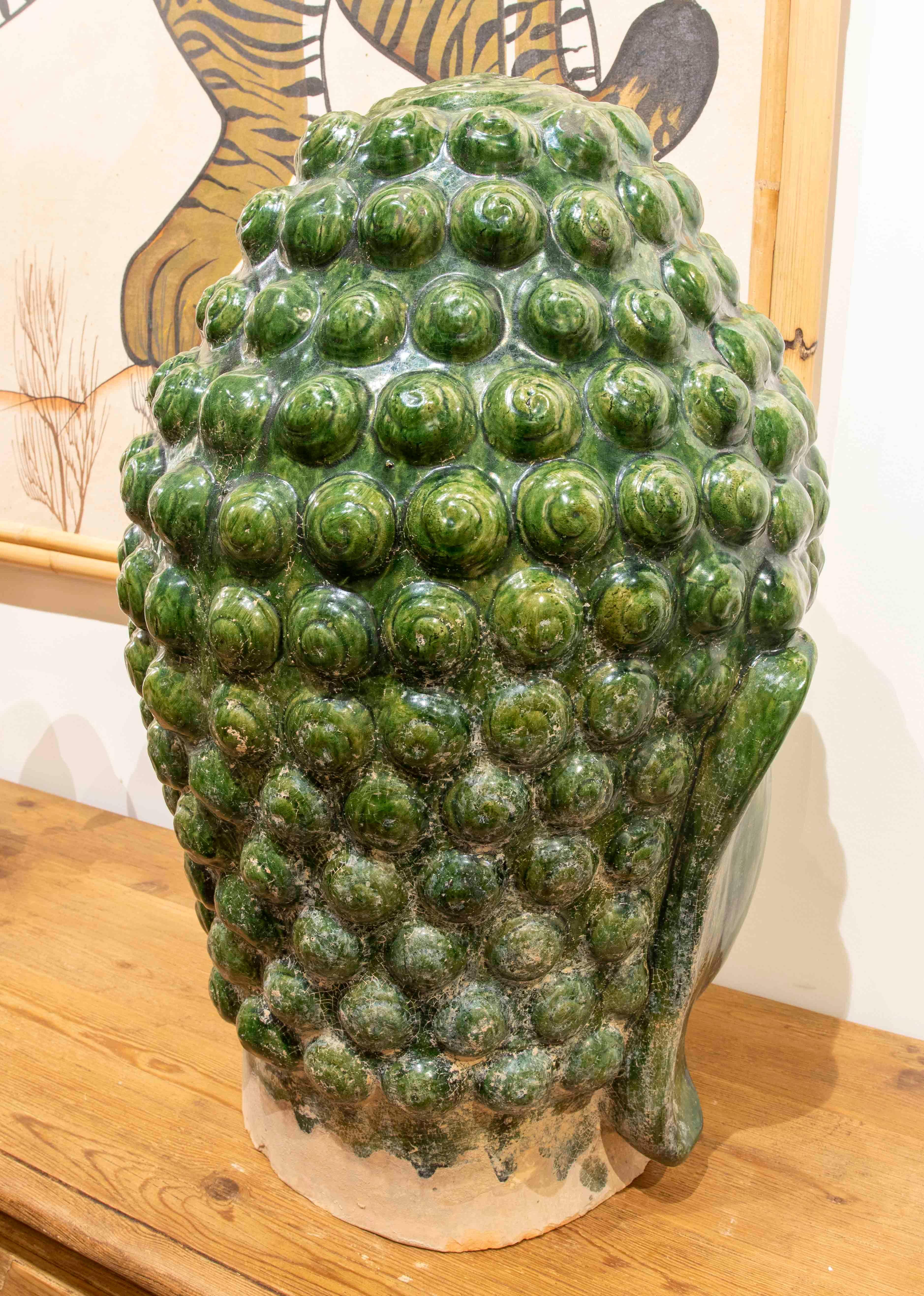 17th Century Green Glazed Ceramic Buddha's Head For Sale