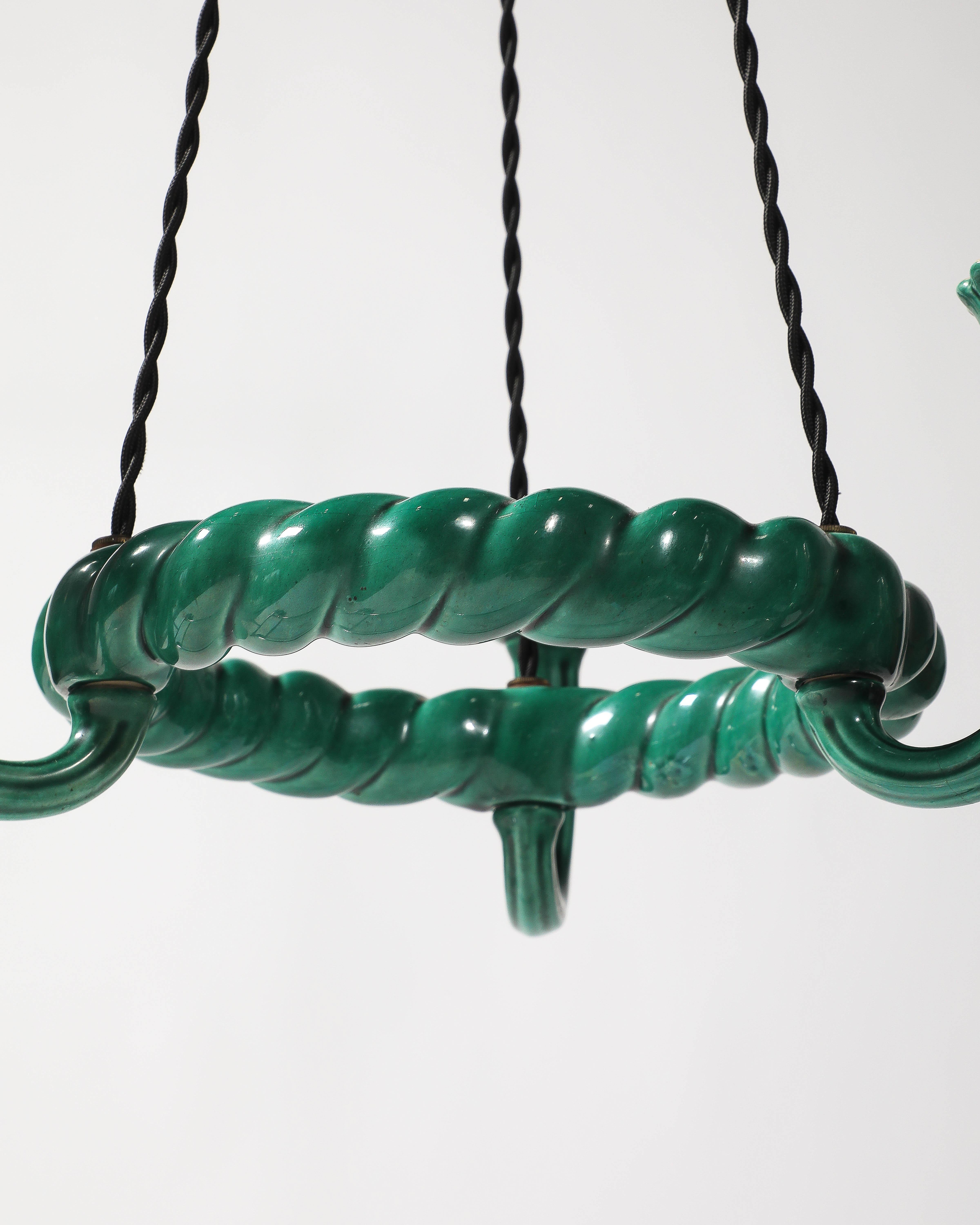 Lustre en céramique émaillée verte, attribué à Accolay, France, c.1960 en vente 6