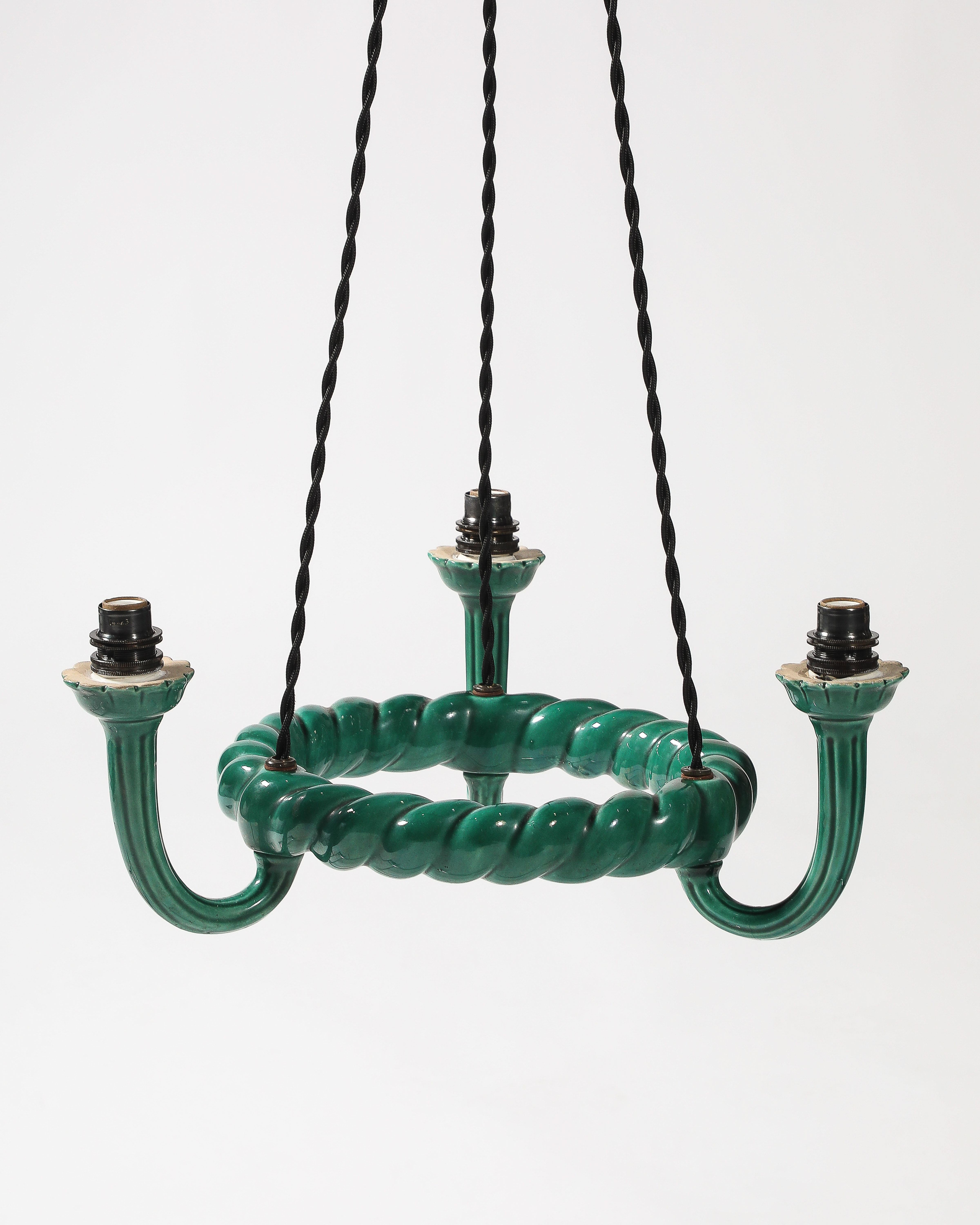 Lustre en céramique émaillée verte, attribué à Accolay, France, c.1960 en vente 1
